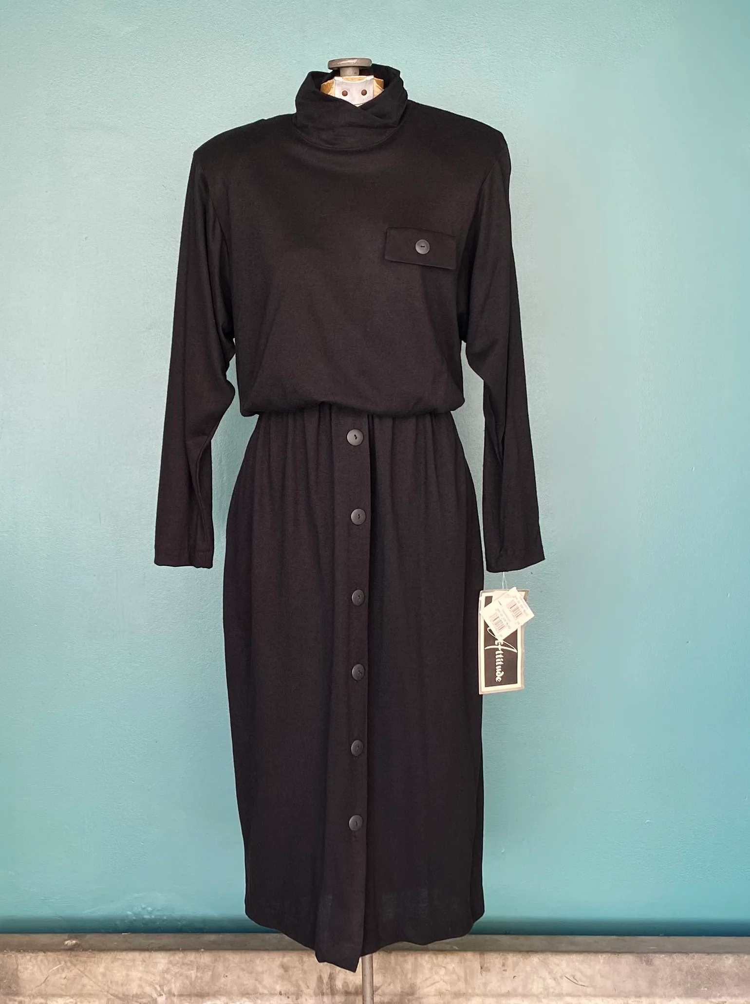 80s Nwt Button Front Black 80s Womens Shift Dress By Positive Attitudes / Made In Usa - Image 6