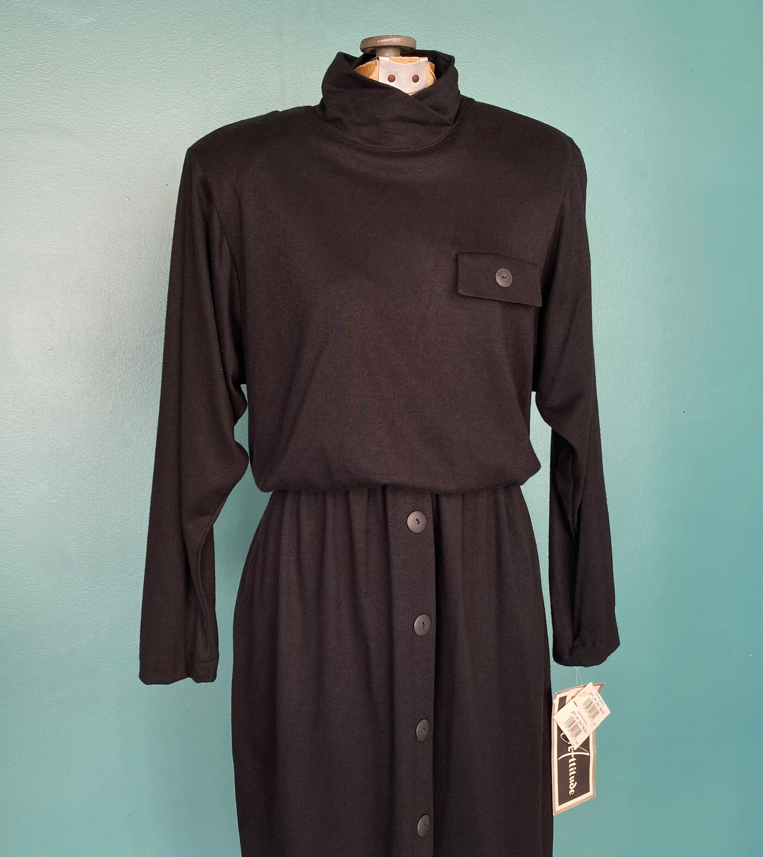 80s Nwt Button Front Black 80s Womens Shift Dress By Positive Attitudes / Made In Usa - Image 7