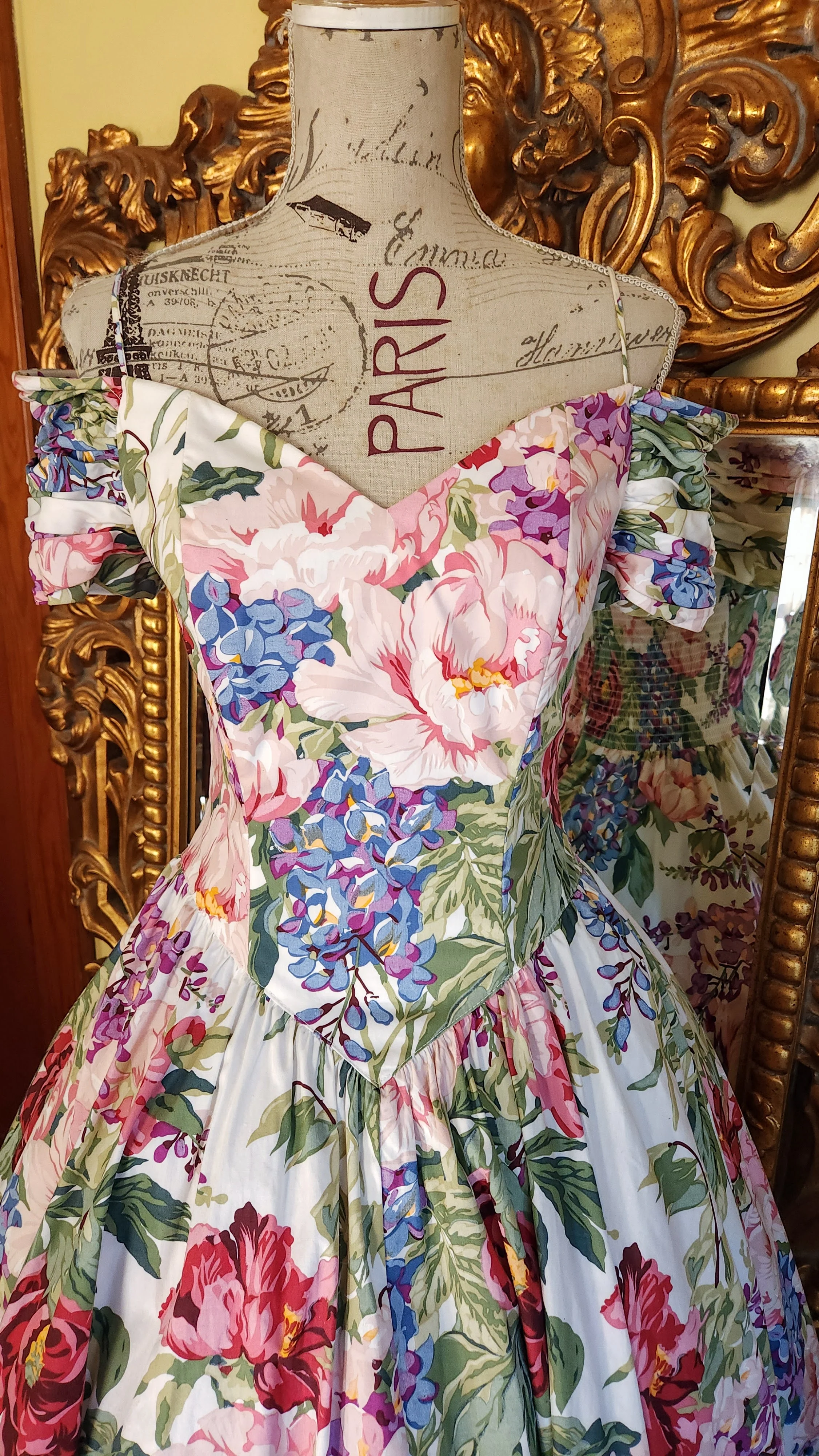 80s Off The Shoulder Drop Waist Floral Cotton Dress By Moda Int'l - Image 6