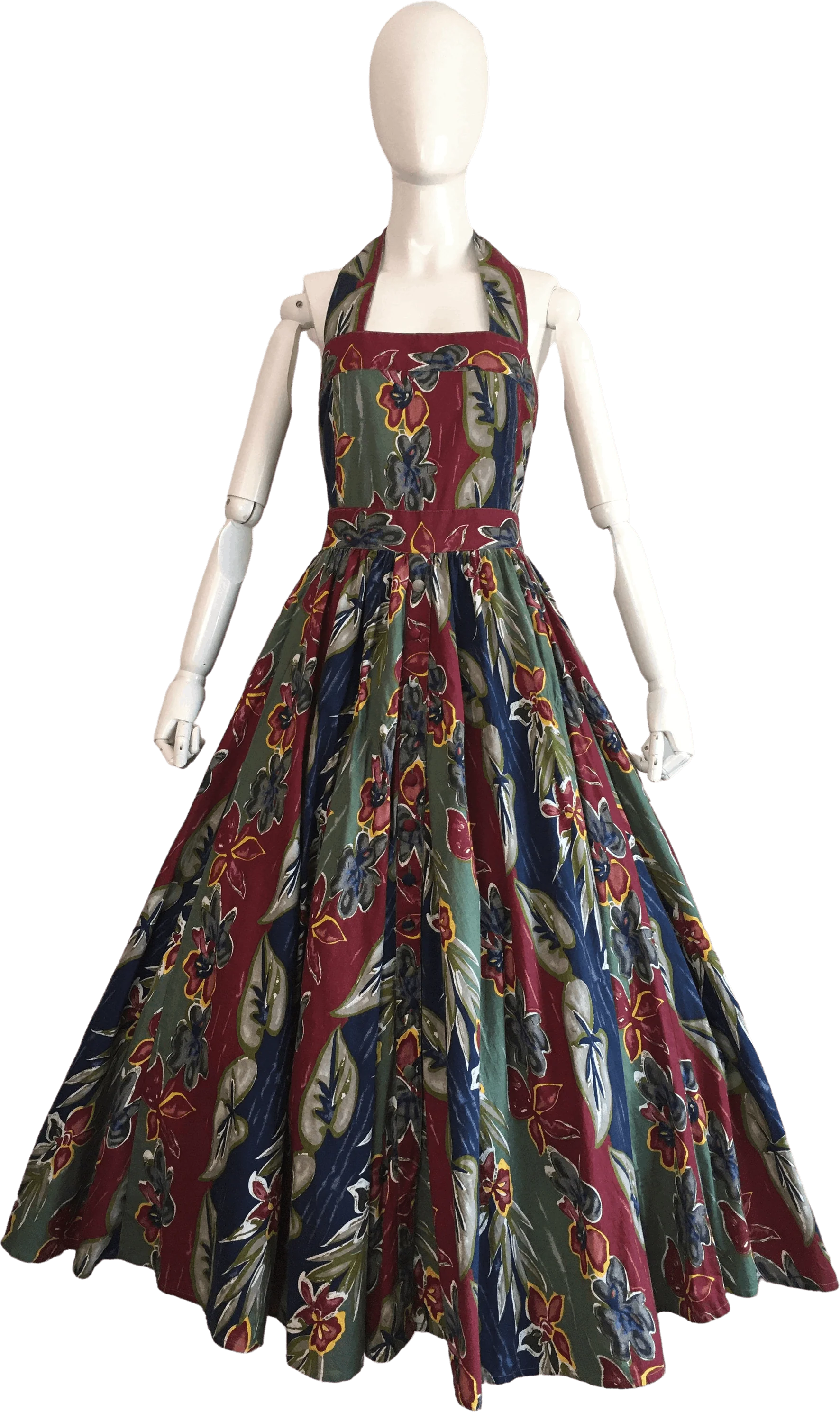 80's Orchids and Acanthus Leaves Halter Summer Dress
