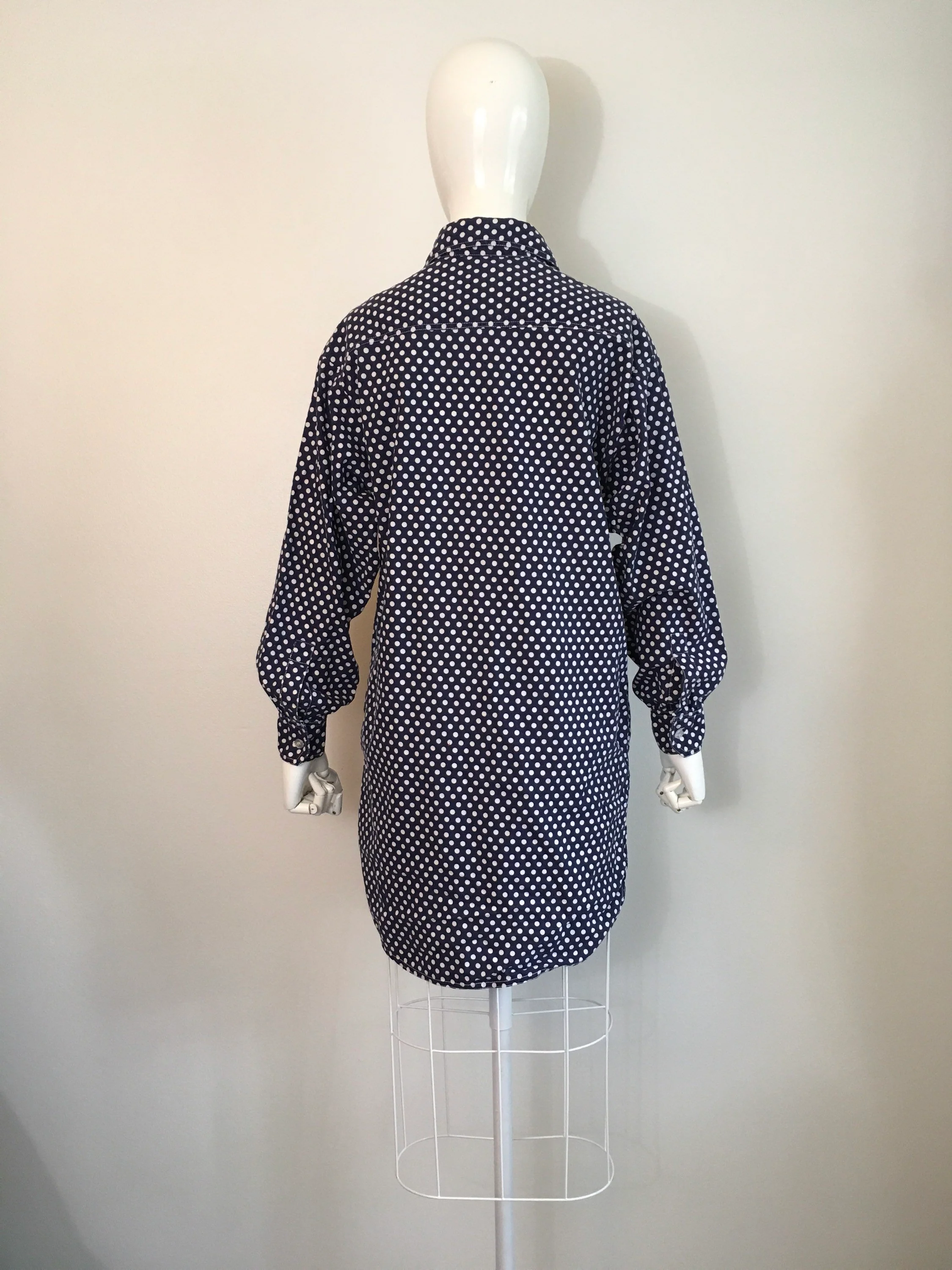 80's Oversized Polka Dot Navy Blue Shirt Dress with Pockets by Bill Blass - Image 2