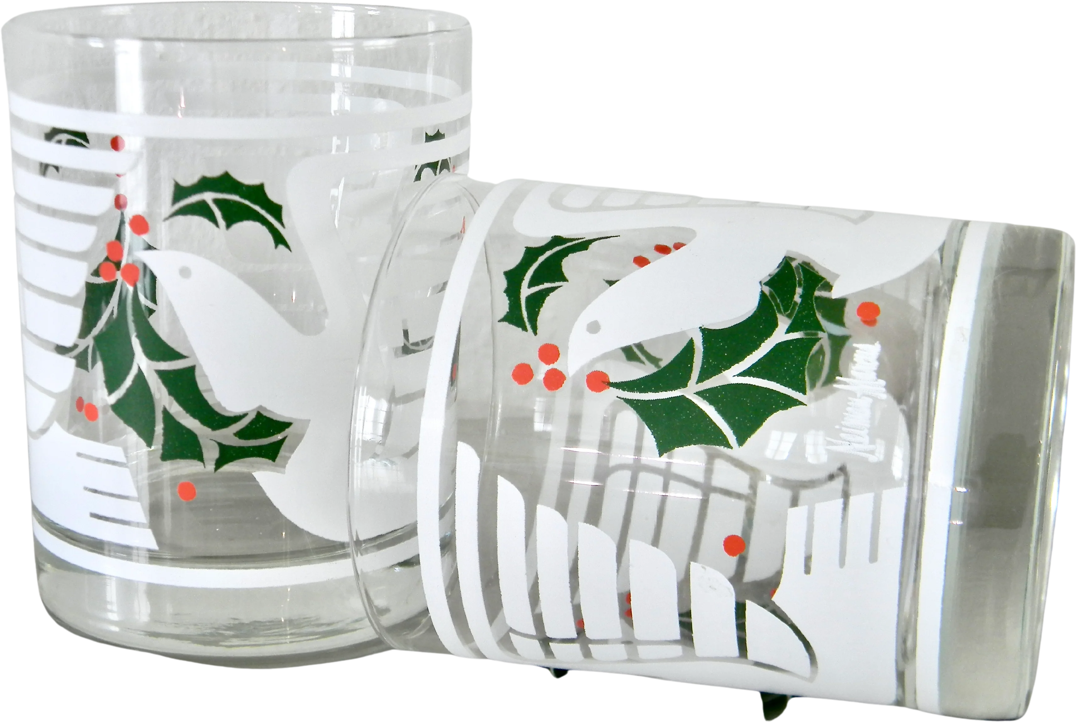 80s Pair Of Modernist Dove And Holly Dbl Rocks Glasses By Neiman Marcus