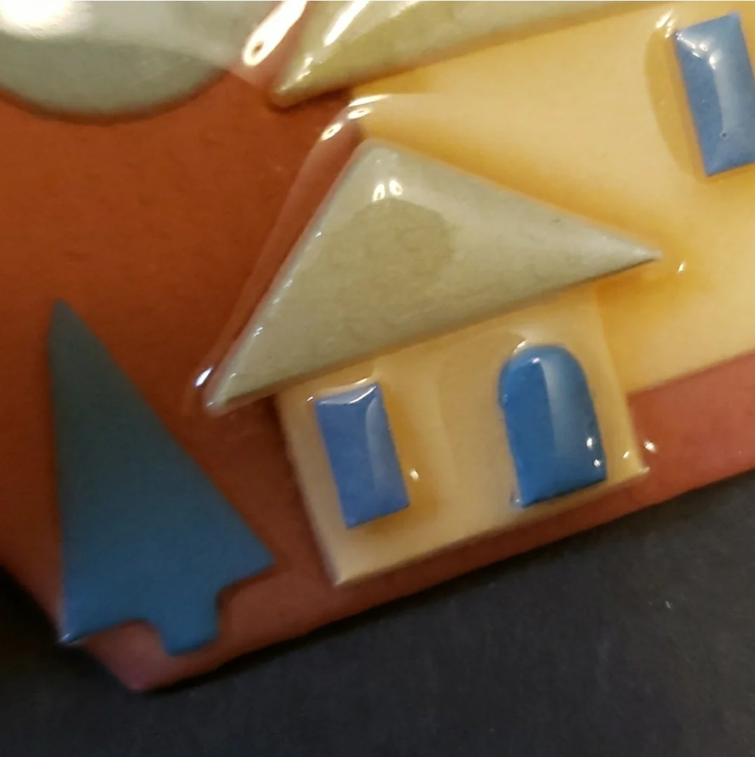 80s Pale Yellow Houses Blue Tree Pin Brooch By Lucinda - Image 5