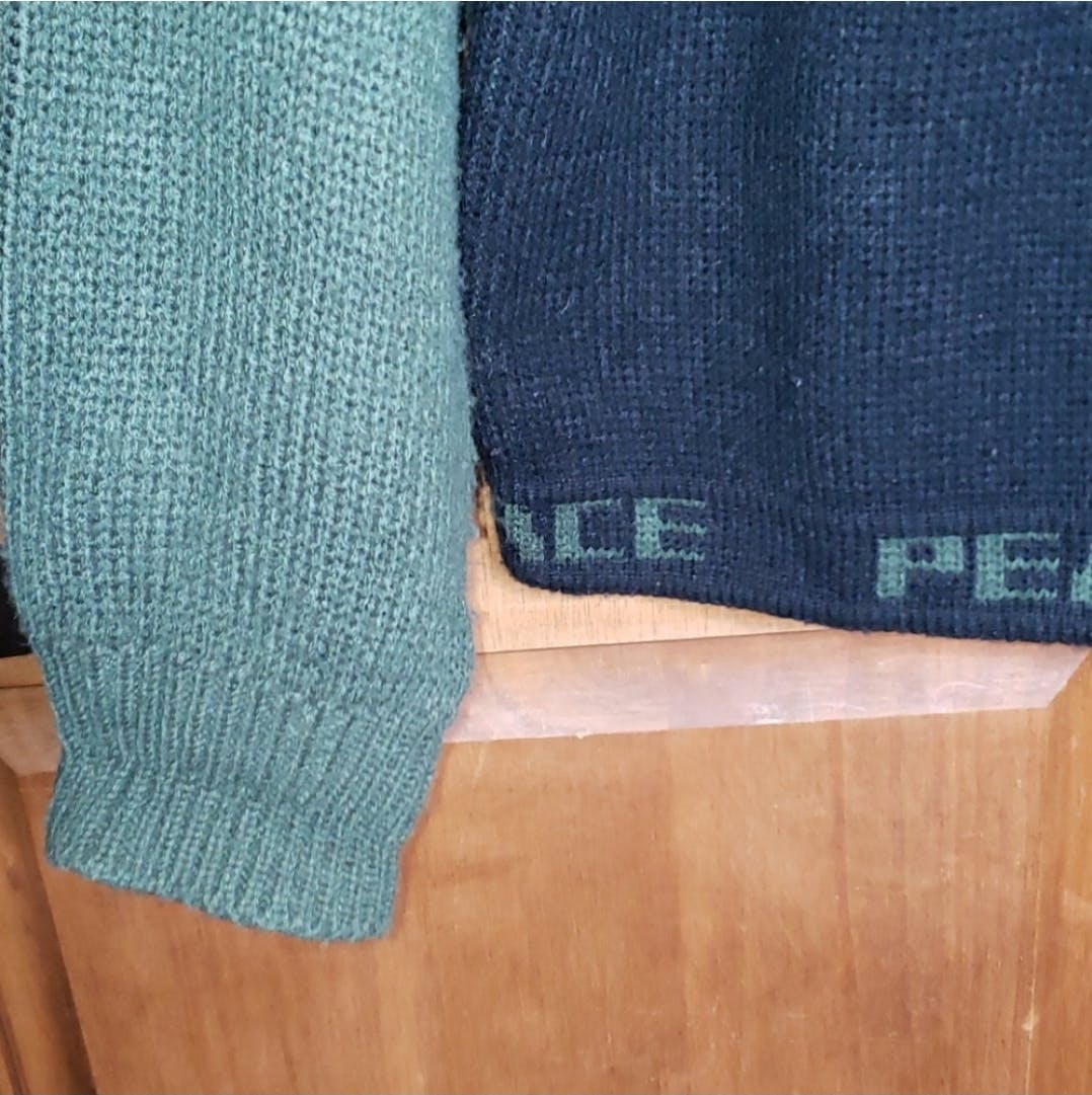 80's Peace Sign Spell Out Trim Knit Sweater by Hoopla - Image 10