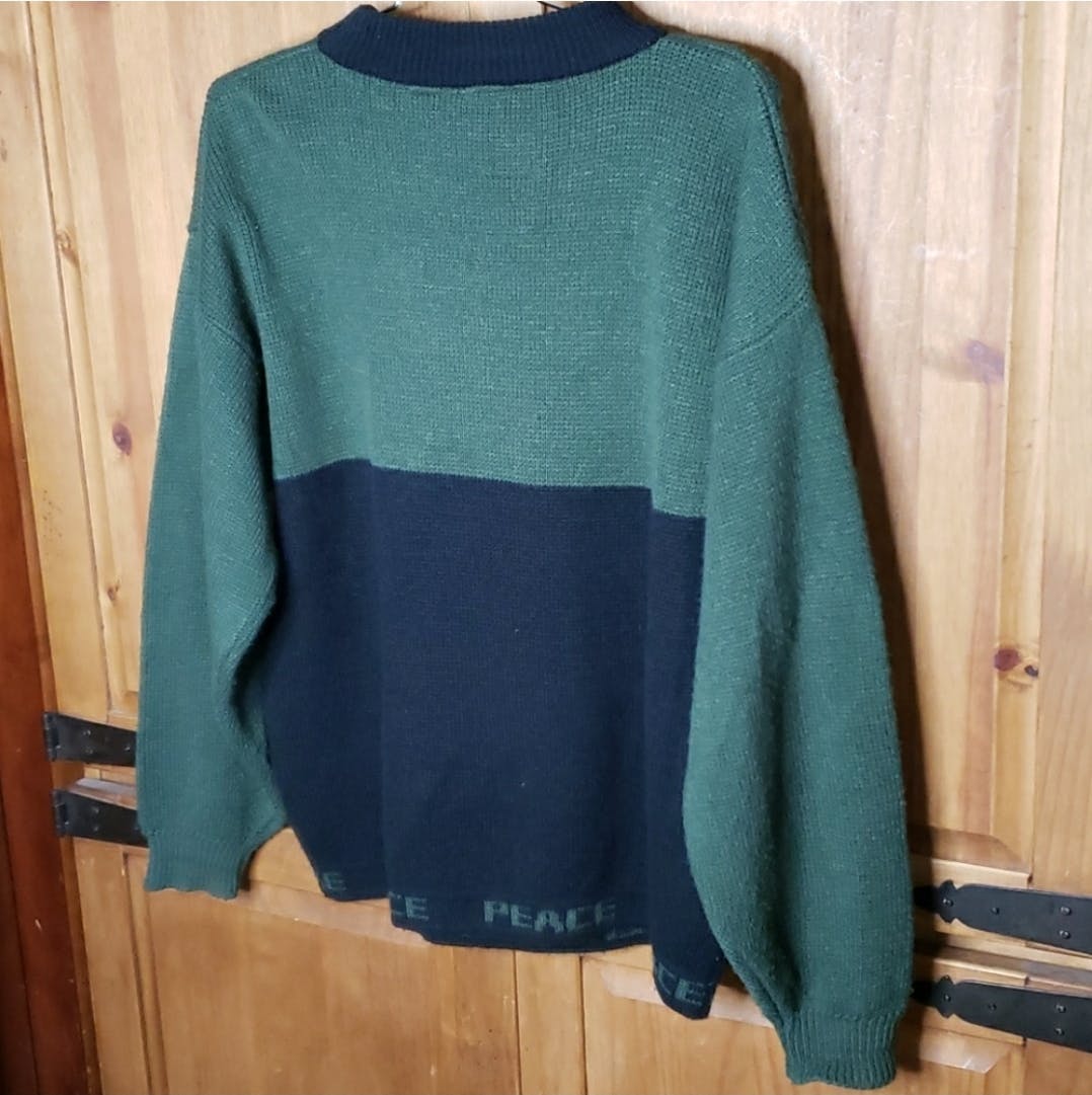 80's Peace Sign Spell Out Trim Knit Sweater by Hoopla - Image 12