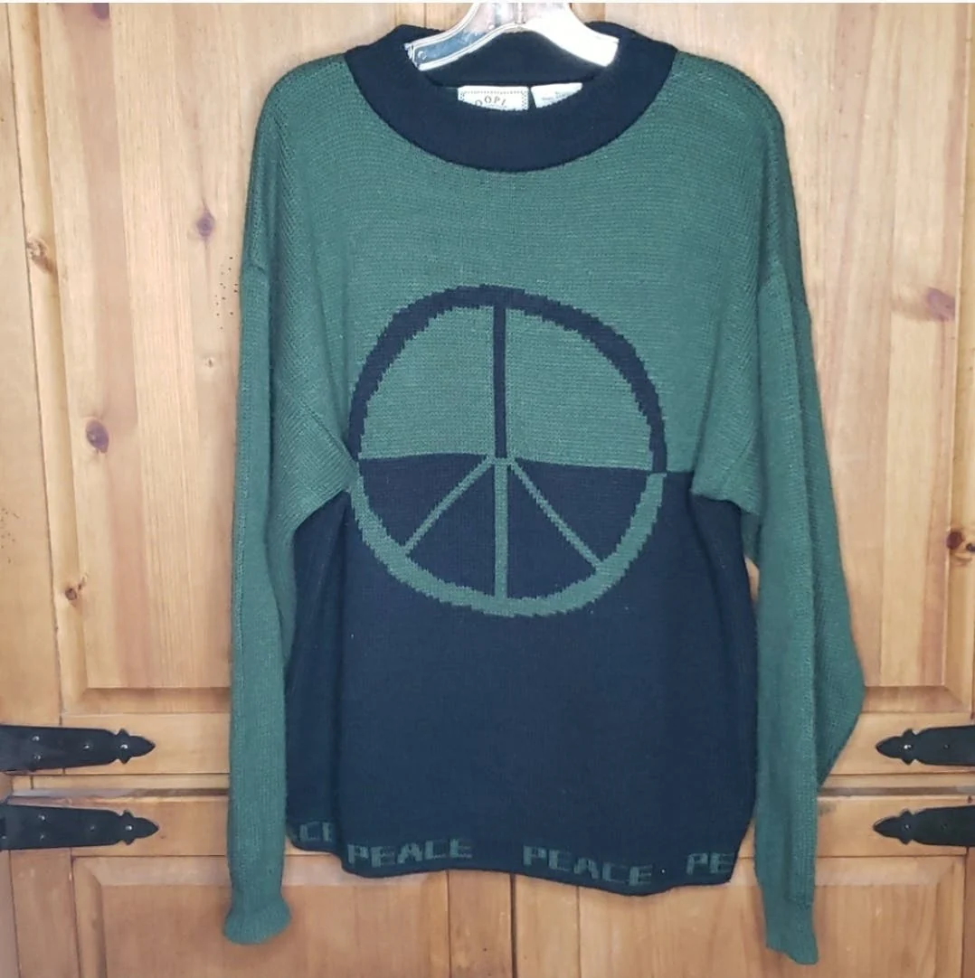 80's Peace Sign Spell Out Trim Knit Sweater by Hoopla - Image 13