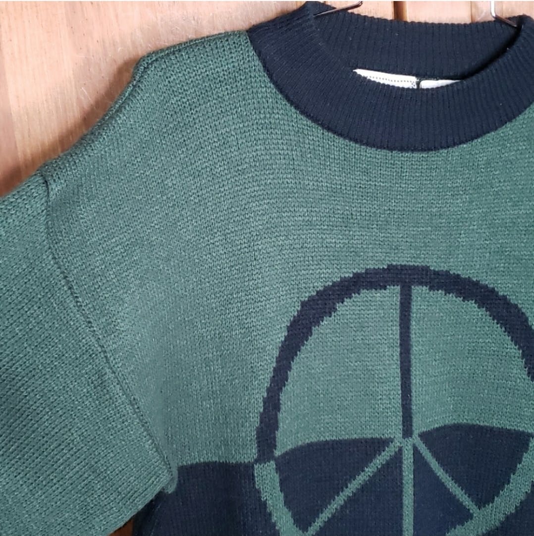 80's Peace Sign Spell Out Trim Knit Sweater by Hoopla - Image 5