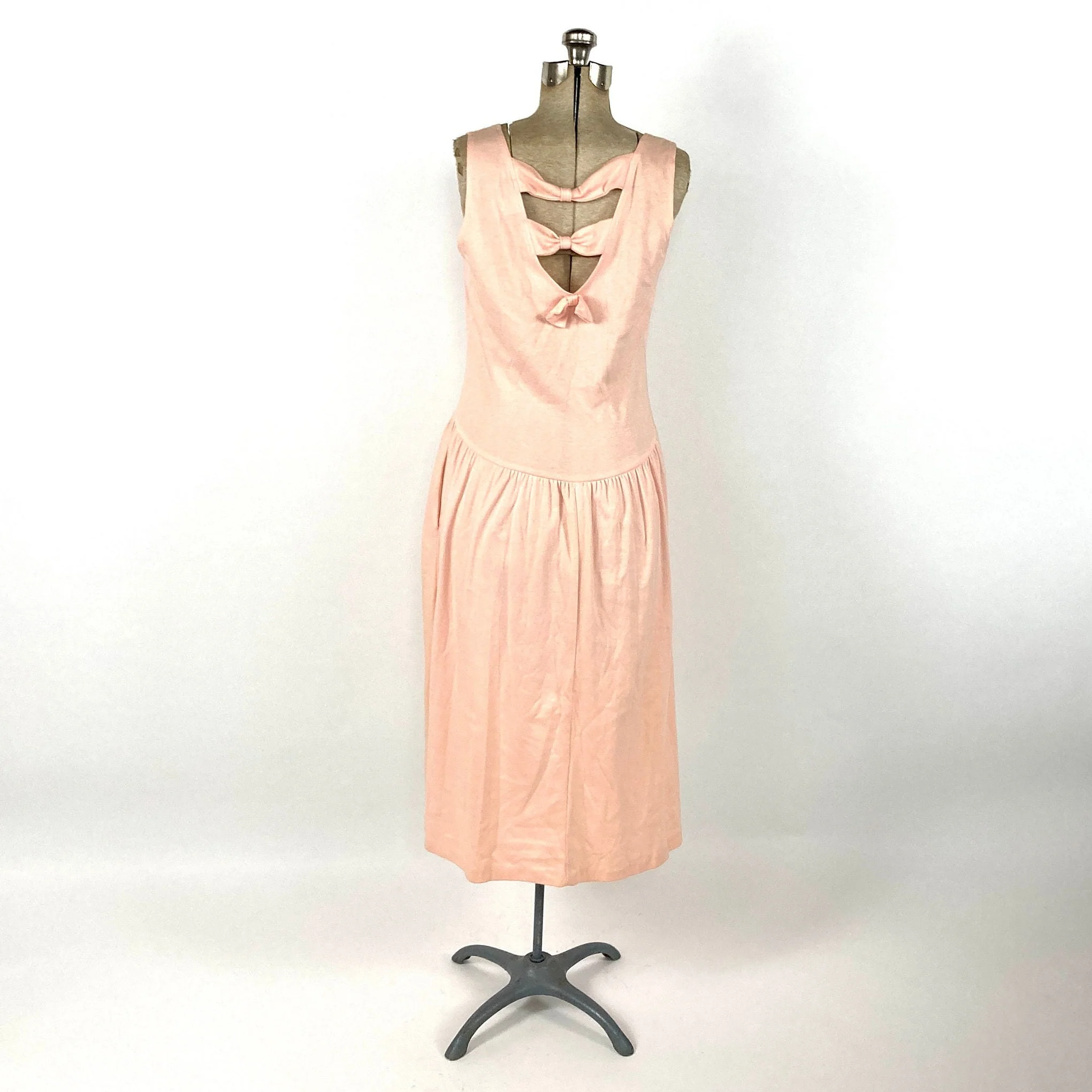 80s Peach Cutout Cage Dress Cotton Pink Midi Dress Minimalist Party Sleeveless Bow Vintage Sundress Sun Dress by Champagne West - Image 2