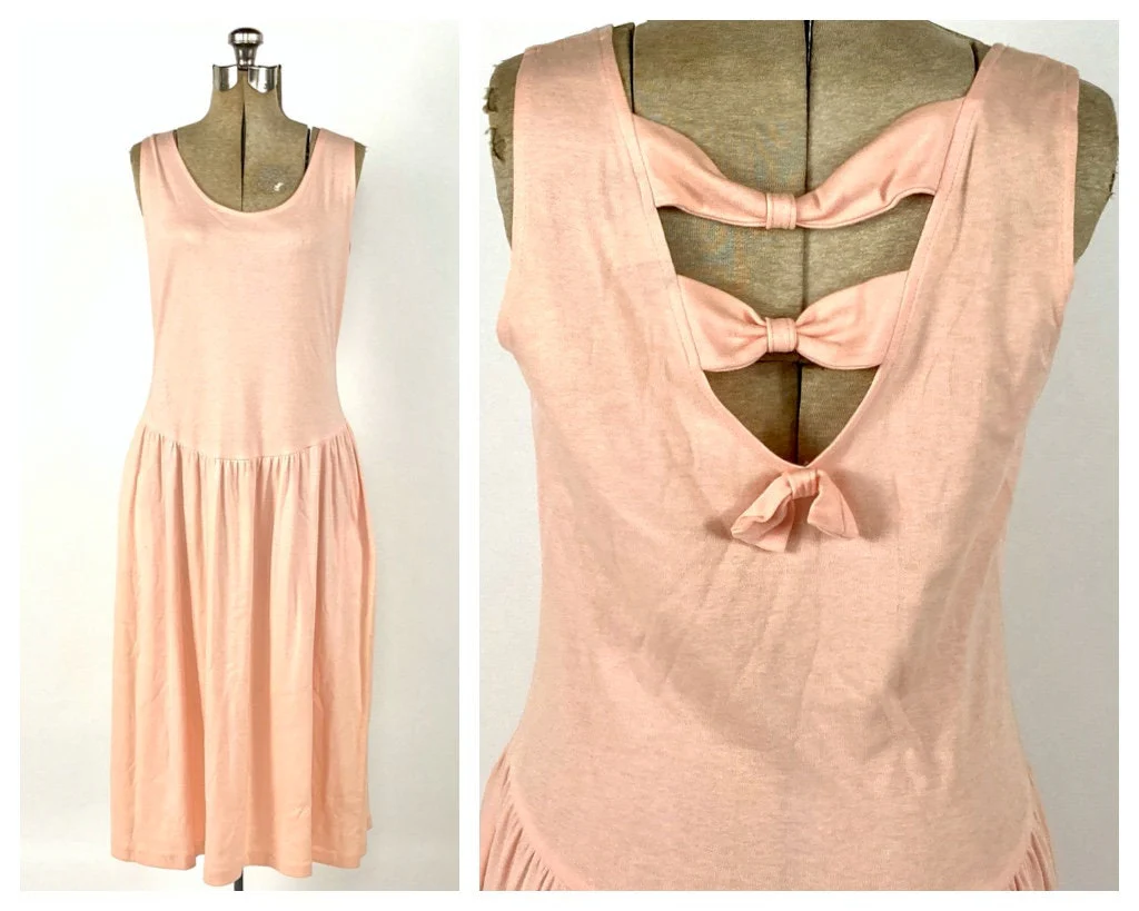 80s Peach Cutout Cage Dress Cotton Pink Midi Dress Minimalist Party Sleeveless Bow Vintage Sundress Sun Dress by Champagne West - Image 3