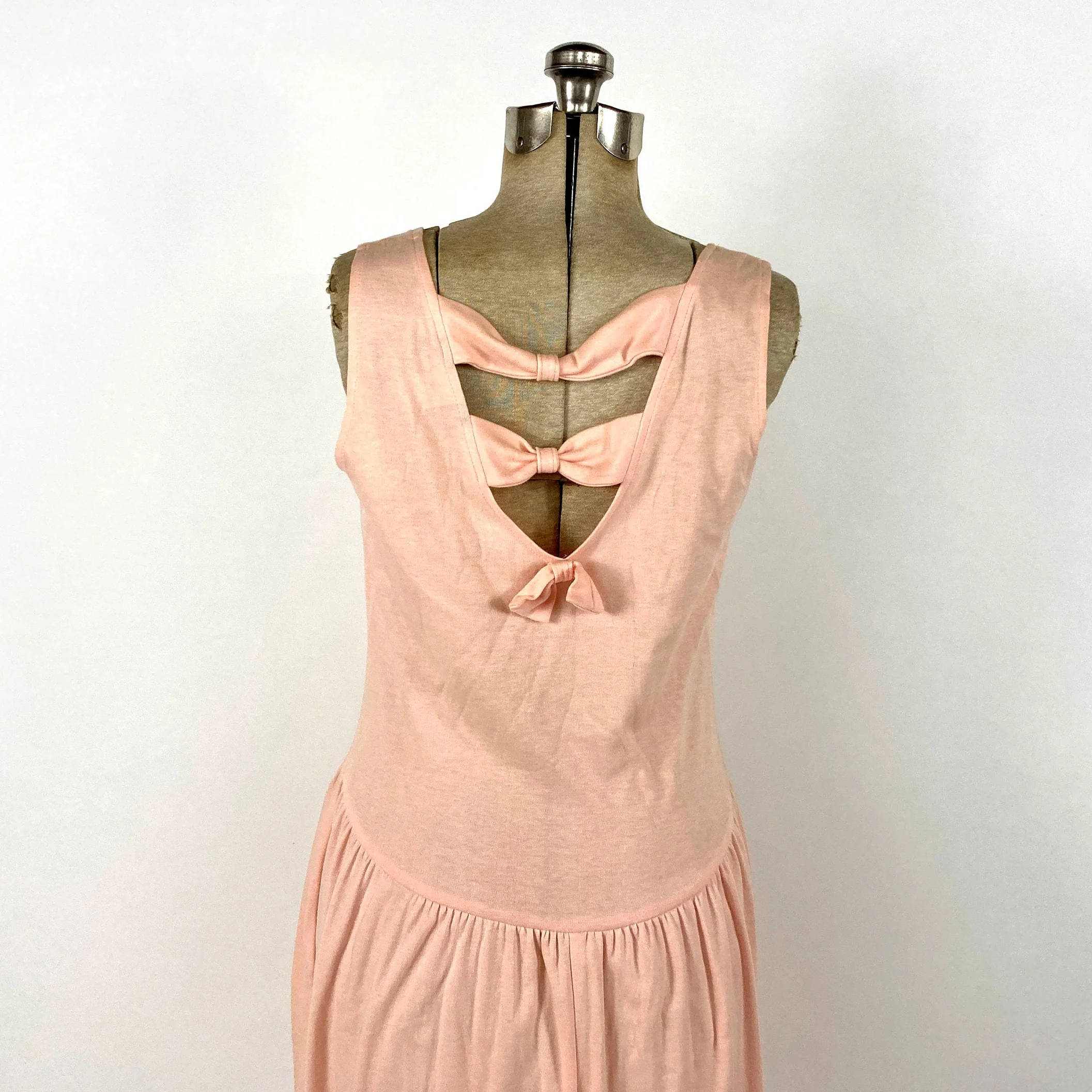 80s Peach Cutout Cage Dress Cotton Pink Midi Dress Minimalist Party Sleeveless Bow Vintage Sundress Sun Dress by Champagne West - Image 8
