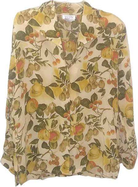 80s Pear Print Silk Blouse By Tess