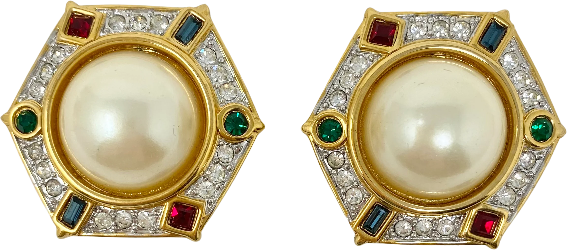 80s Pearl And Colorful Rhinestone Clip On Earrings By Crystalline