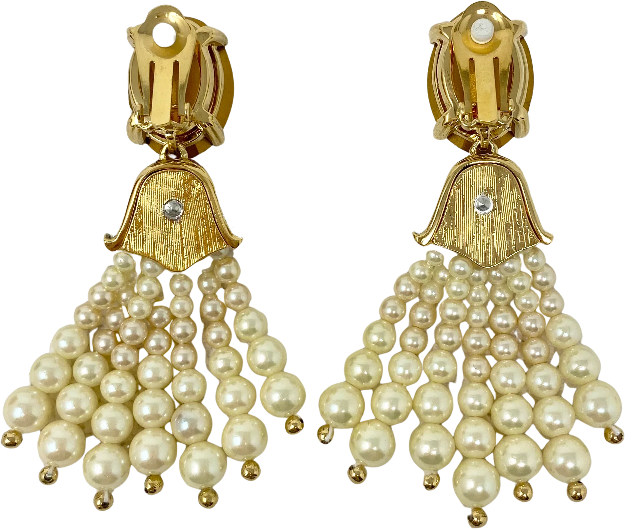 80s Pearl And Crystal Dangle Clip On Earrings By Crystalline - Image 2