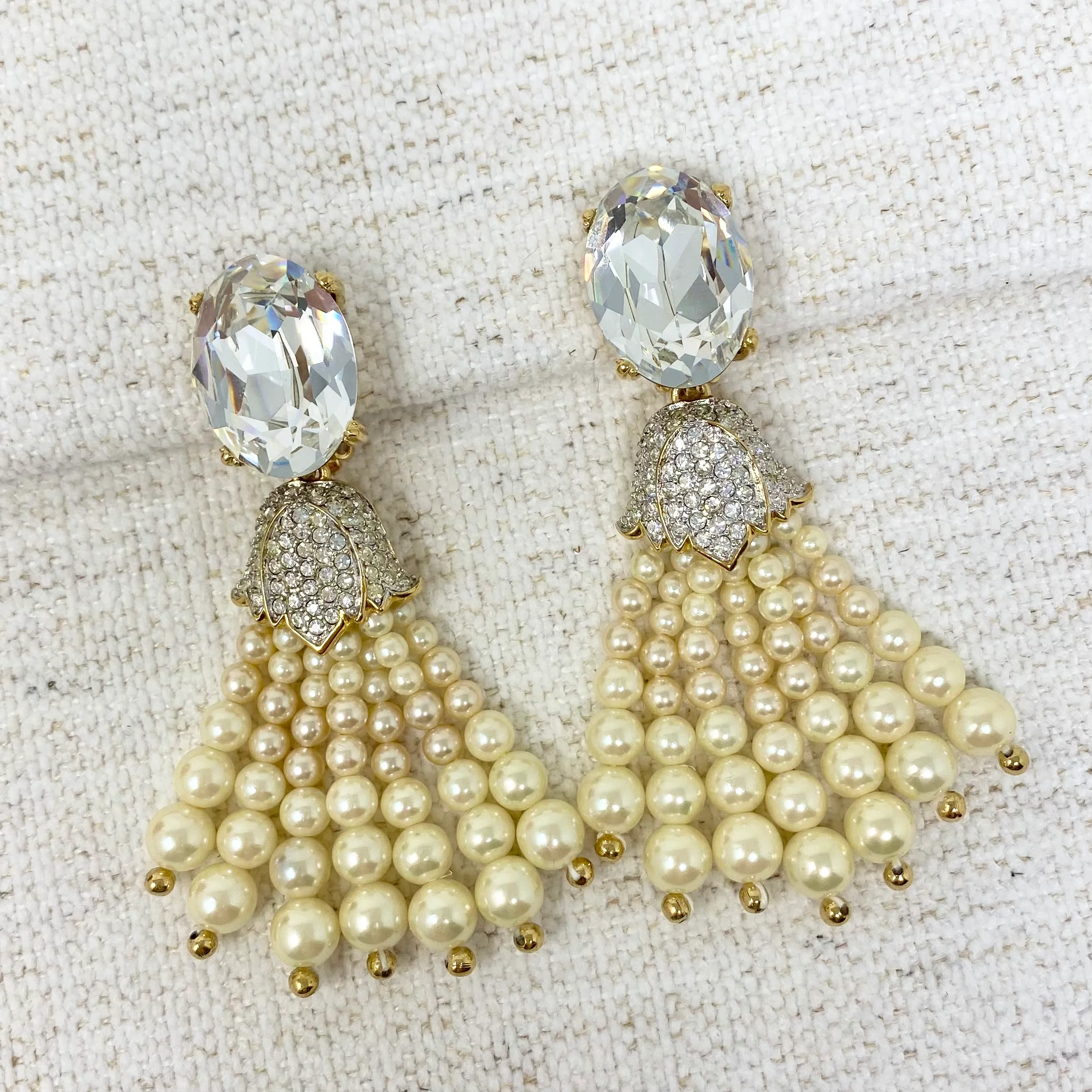 80s Pearl And Crystal Dangle Clip On Earrings By Crystalline - Image 3