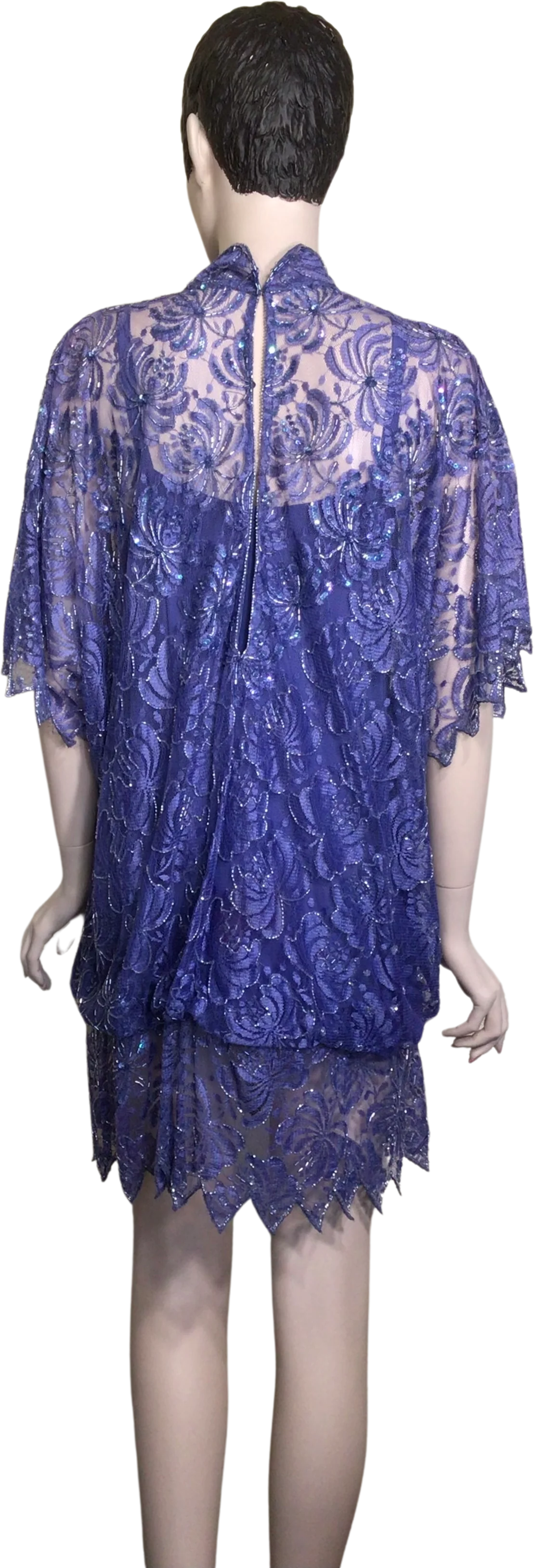 80s Periwinkle Beaded Sequin Floral Bubble Mini Dress by Nora Zandre - Image 2