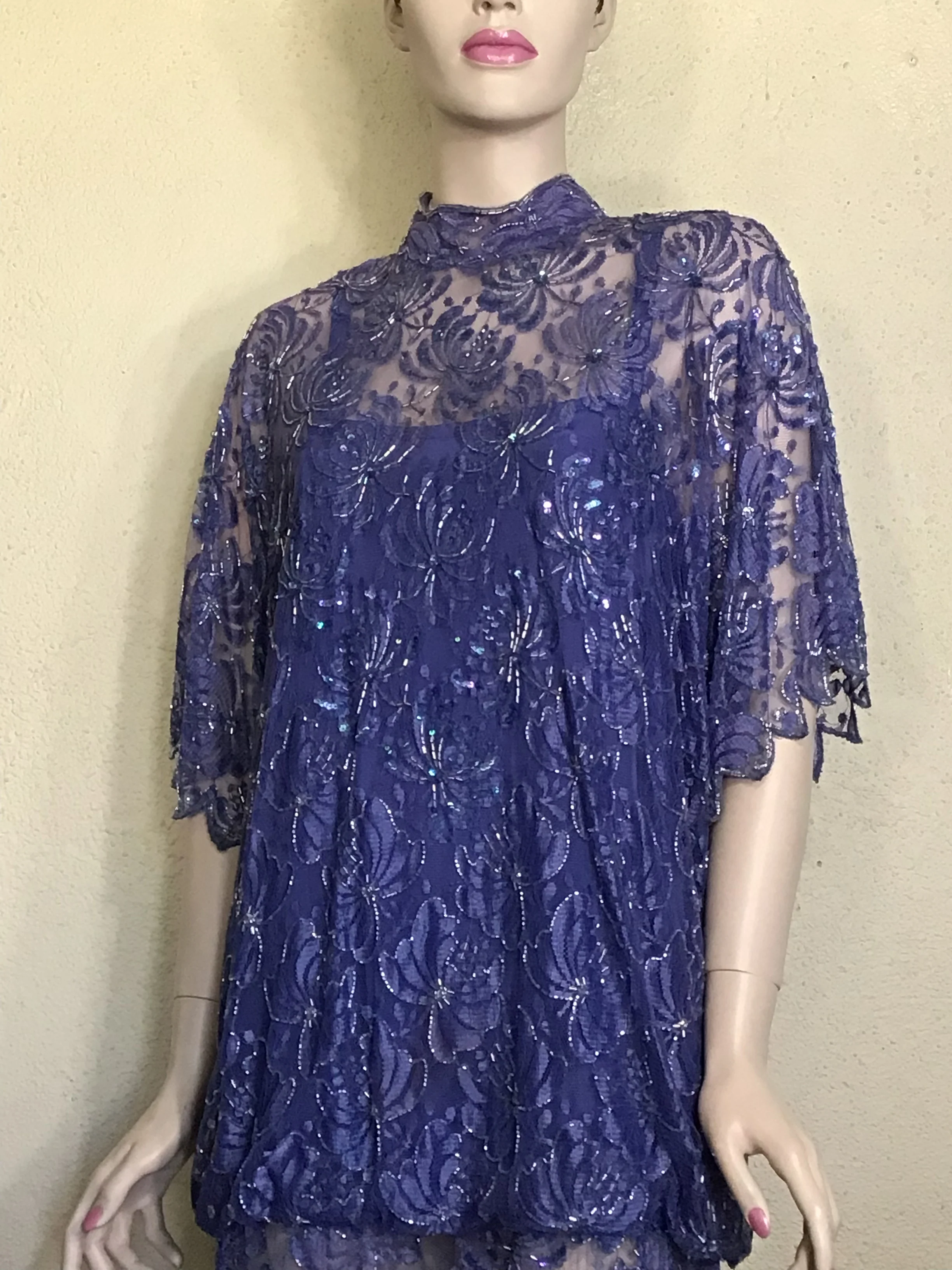 80s Periwinkle Beaded Sequin Floral Bubble Mini Dress by Nora Zandre - Image 4