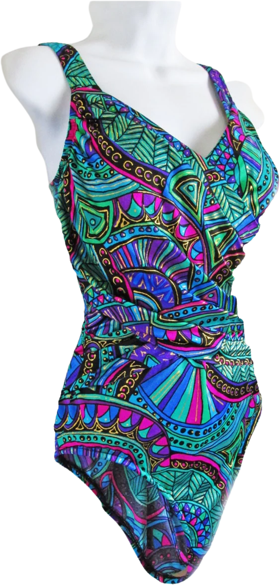 80s Pin Up One Piece Catalina Bathing Suit with Metallic Gold and Multicolor Design for Full Figure L