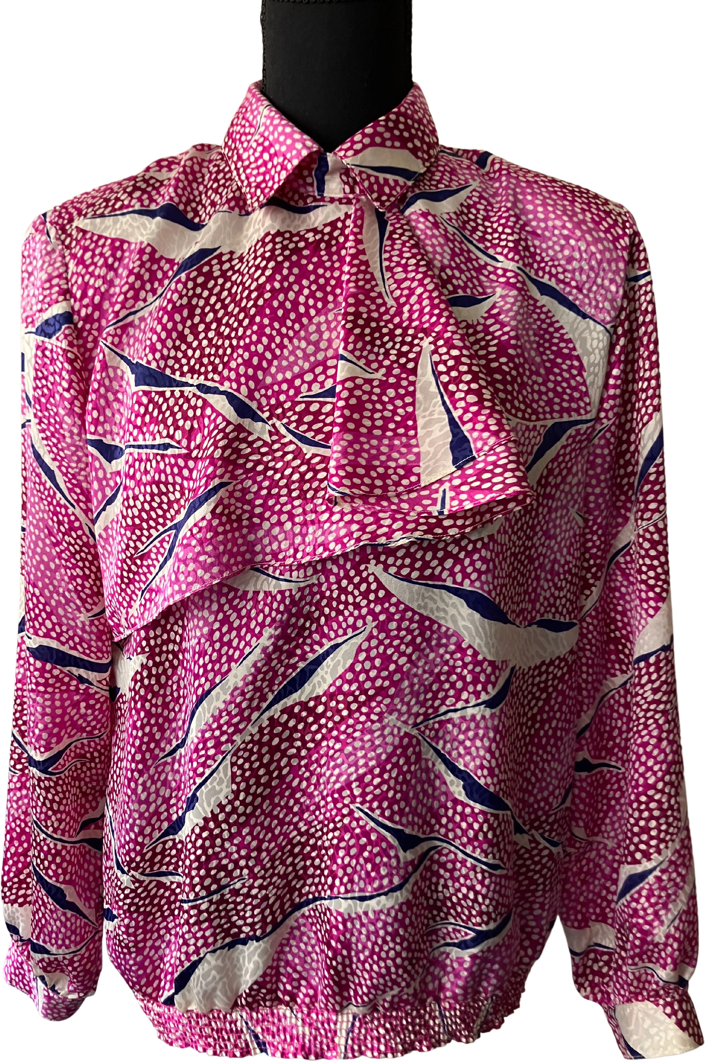 80s Pink And Blue Blouse With Chest Flounce And Dots By Da-Rue for Bullock's Wilshire
