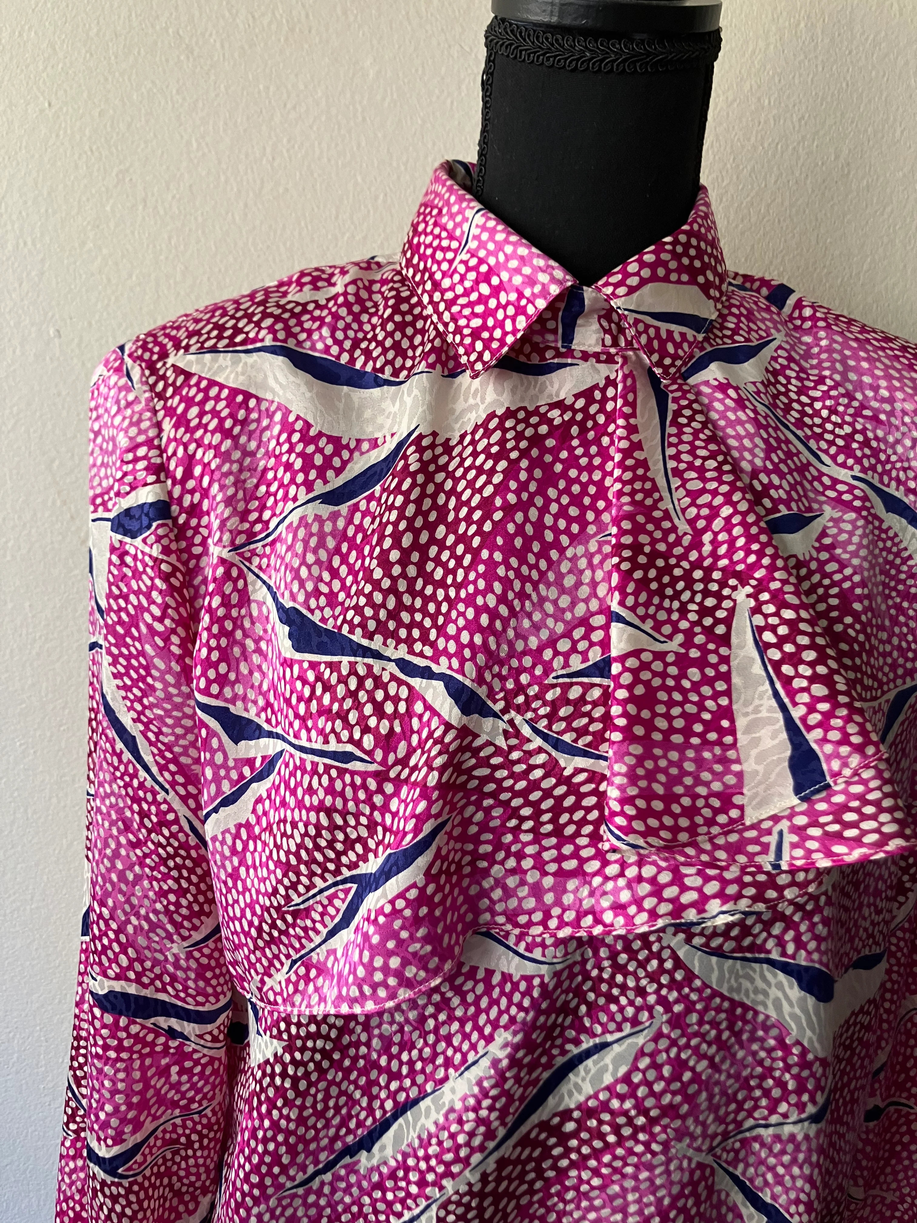 80s Pink And Blue Blouse With Chest Flounce And Dots By Da-Rue for Bullock's Wilshire - Image 3