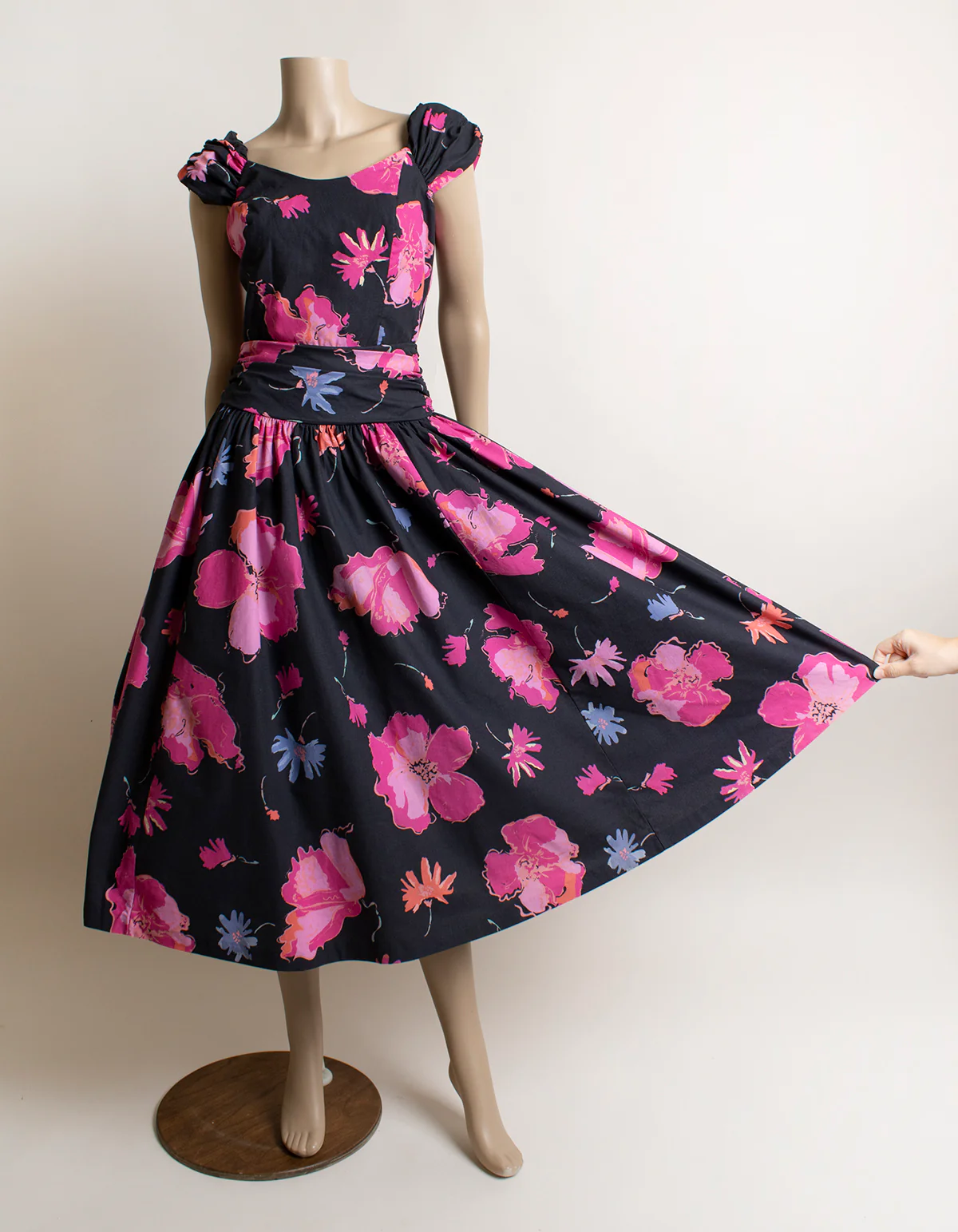 80s Pink Black Floral Print Cotton Day Dress 50s Style By Laura Ashley - Image 5