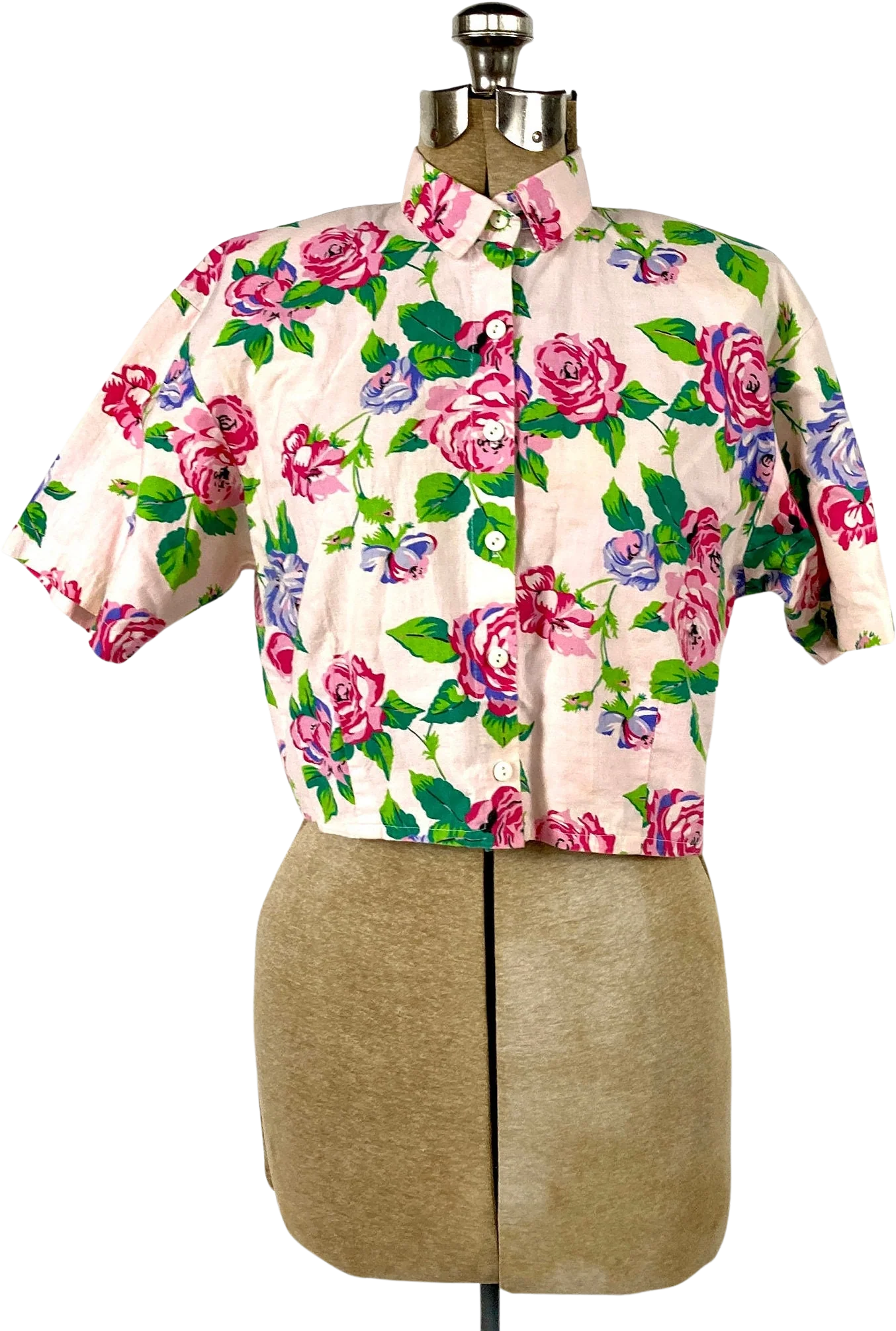 80s Pink Floral Crop Top Rose Print Bright Button Up Shirt Preppy Rave Vintage Short Sleeve Green Party Top by Enchante