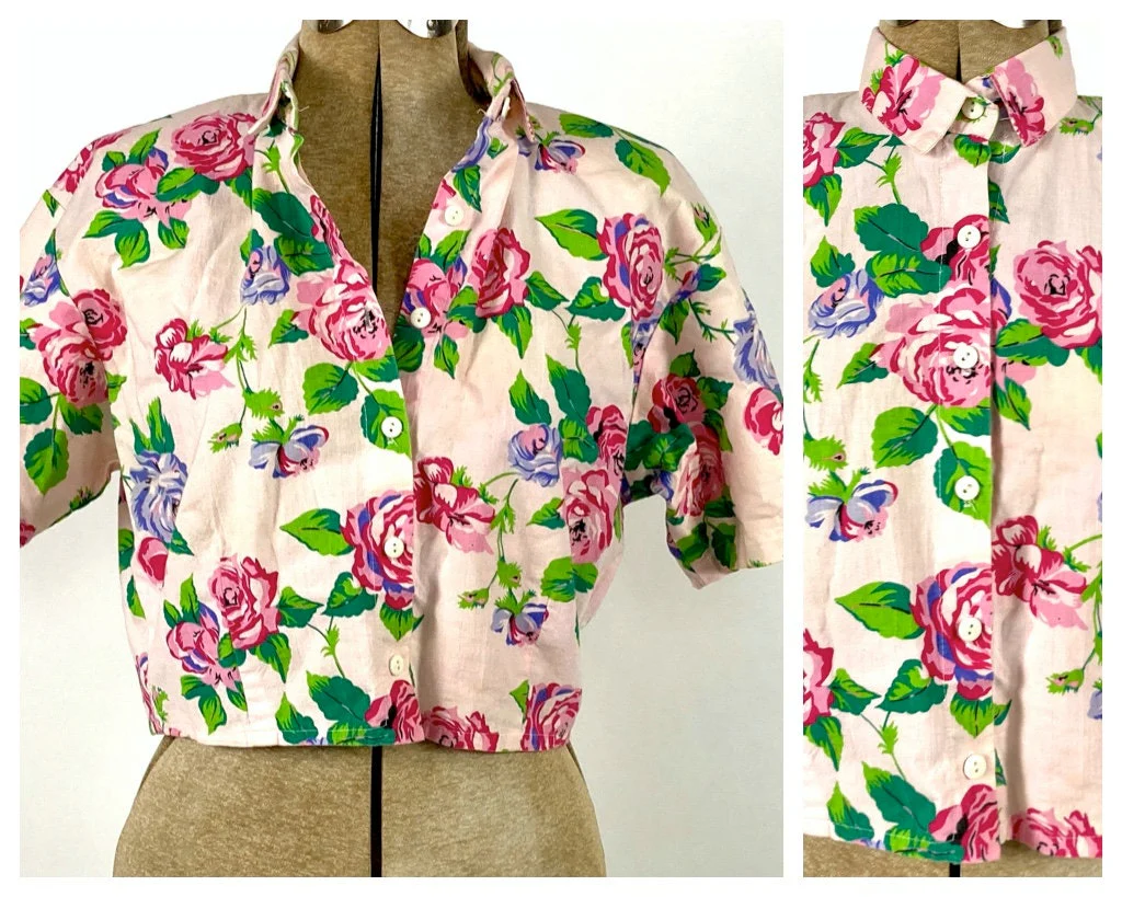 80s Pink Floral Crop Top Rose Print Bright Button Up Shirt Preppy Rave Vintage Short Sleeve Green Party Top by Enchante - Image 3