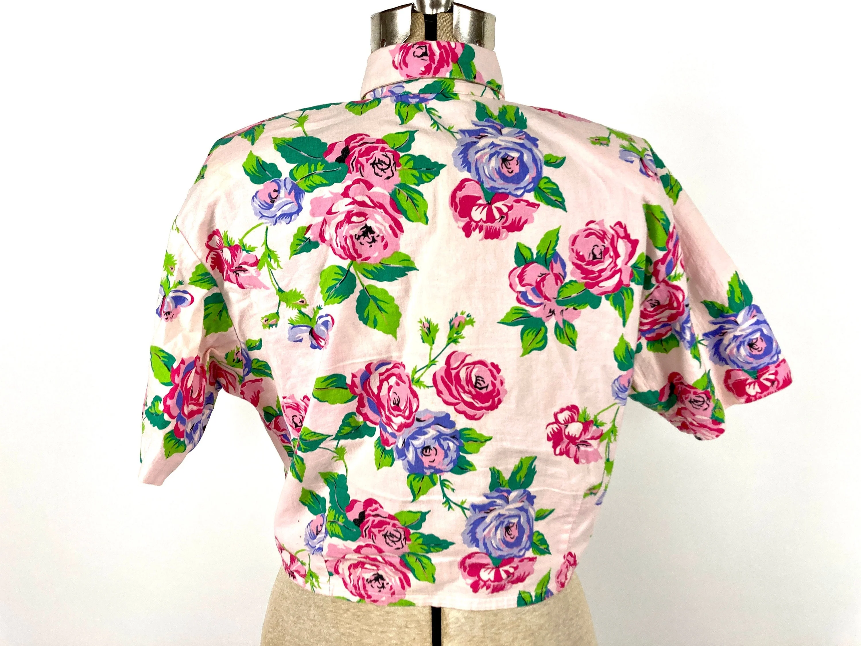 80s Pink Floral Crop Top Rose Print Bright Button Up Shirt Preppy Rave Vintage Short Sleeve Green Party Top by Enchante - Image 9