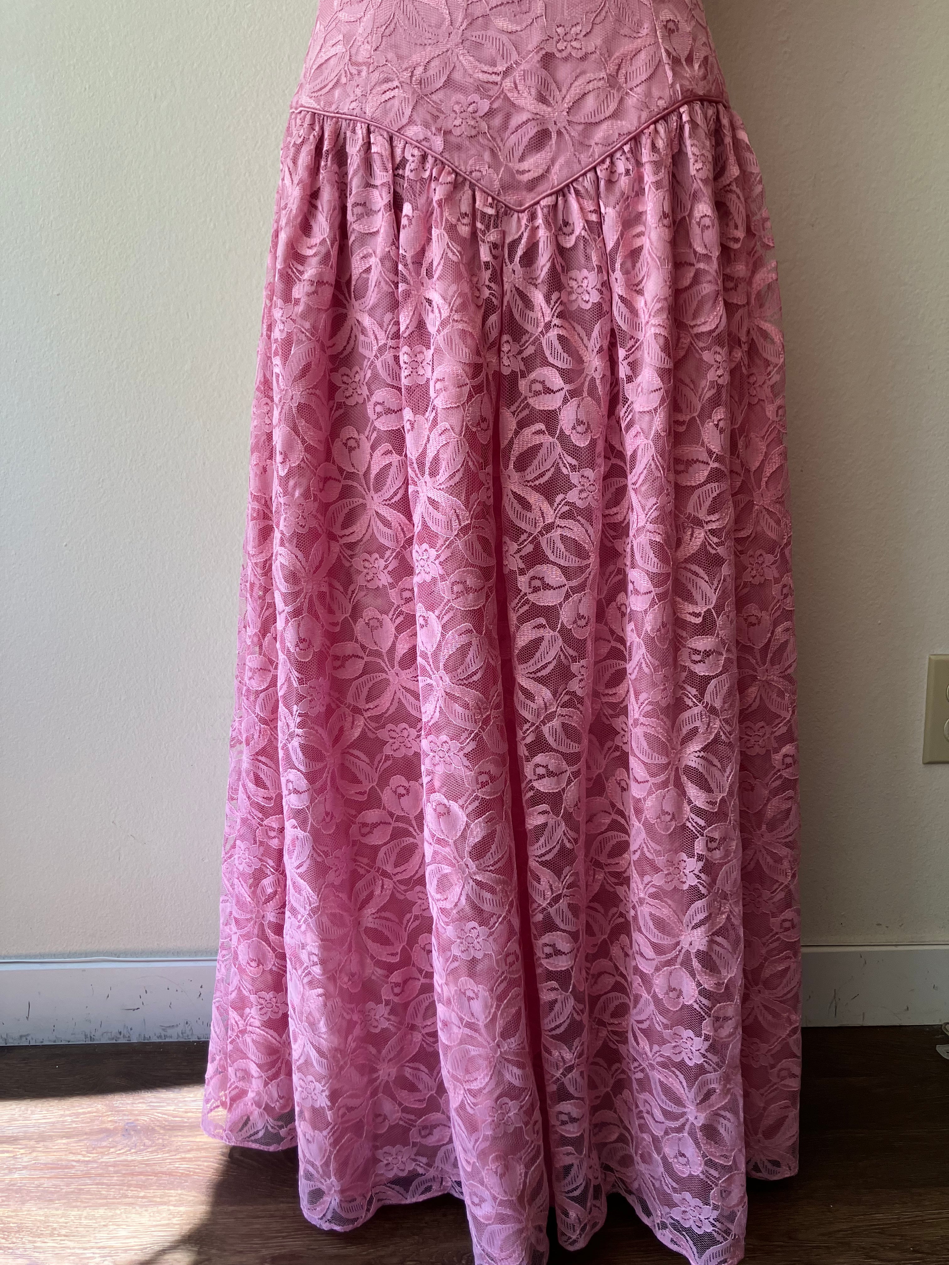 80s Pink Lace And Satin Prom Party Dress Ball Gown by Bill Levkoff - Image 5