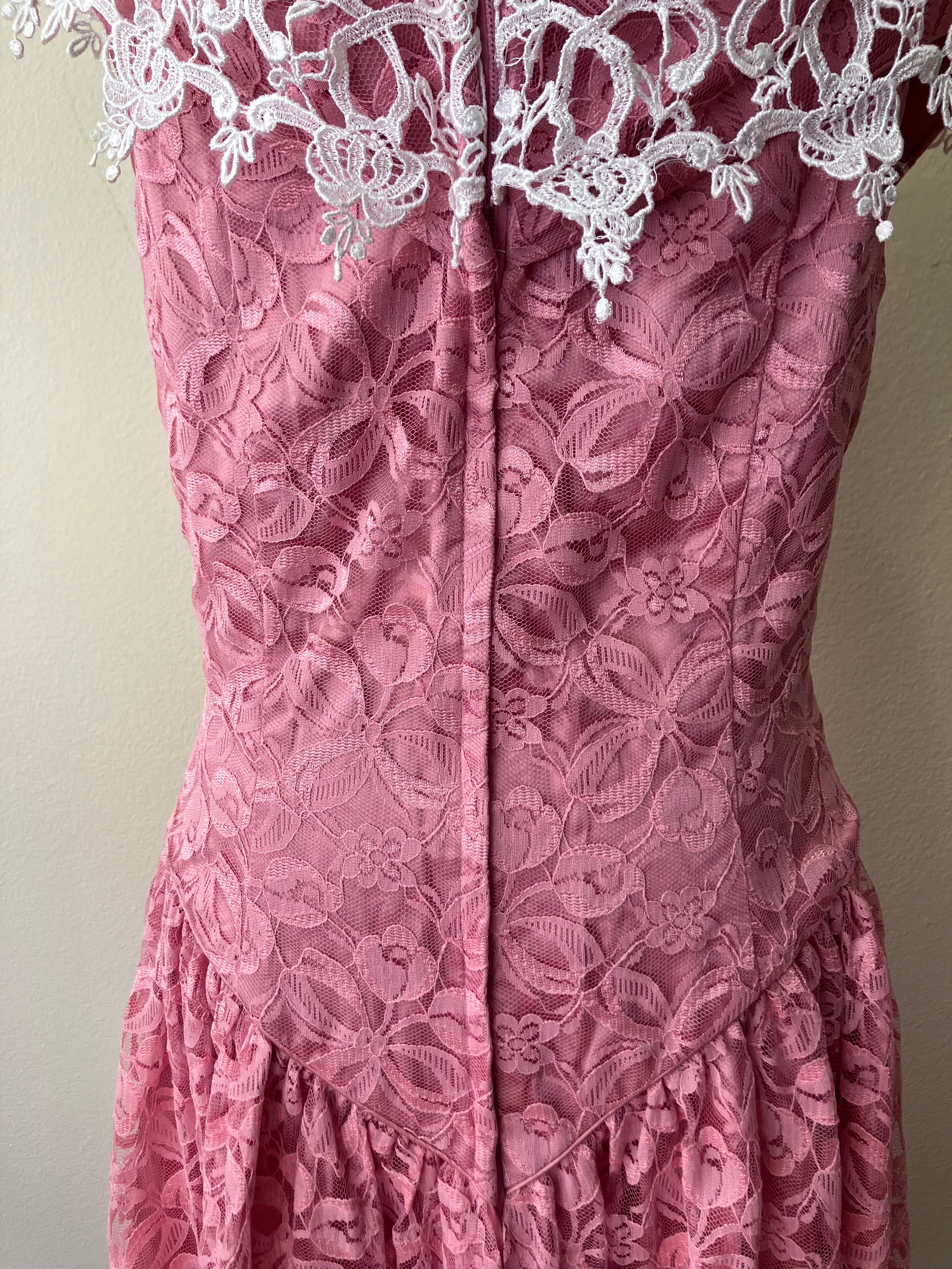 80s Pink Lace And Satin Prom Party Dress Ball Gown by Bill Levkoff - Image 8