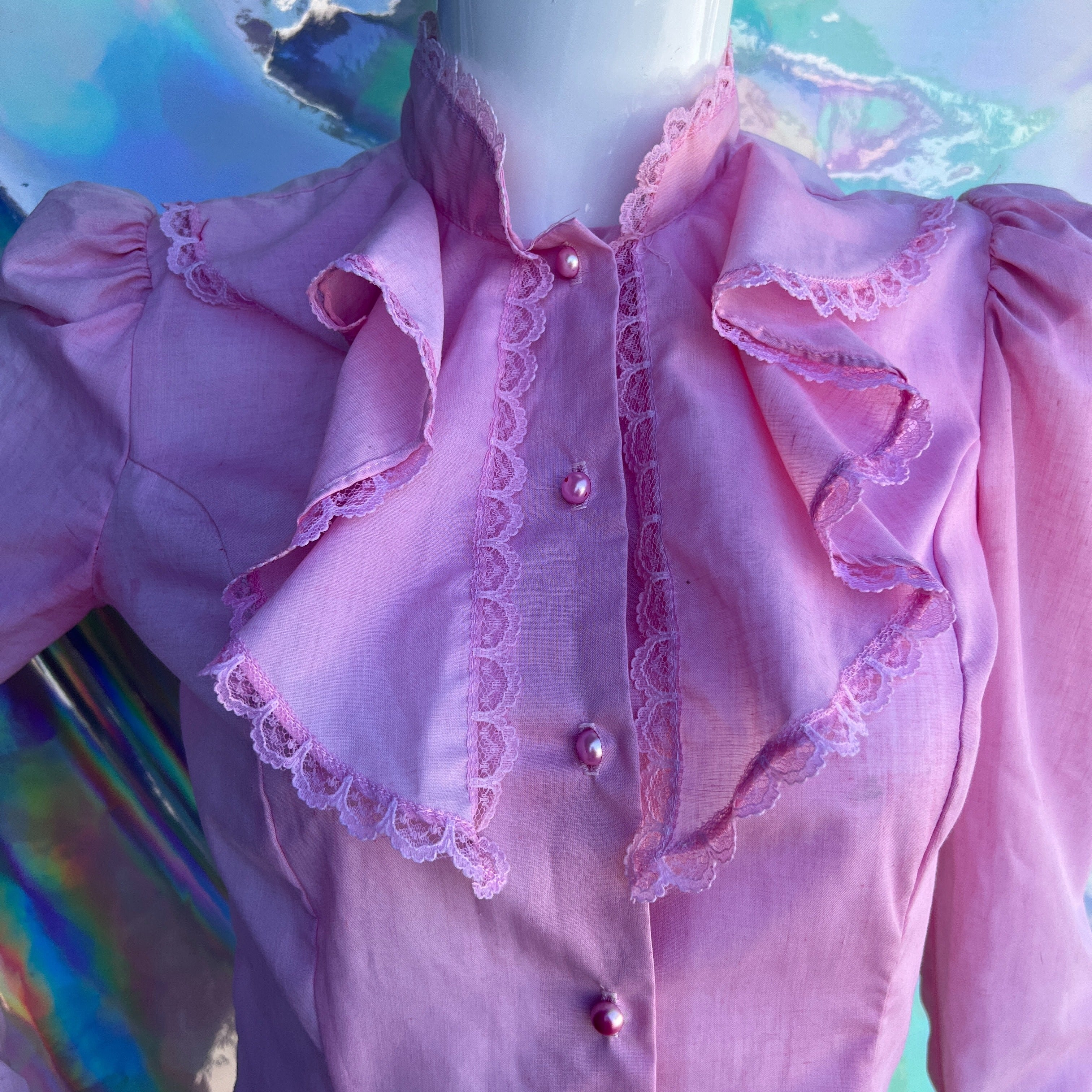 80s Pink Lace Trimmed Ruffle Button Up Shirt  by Sauci - Image 6