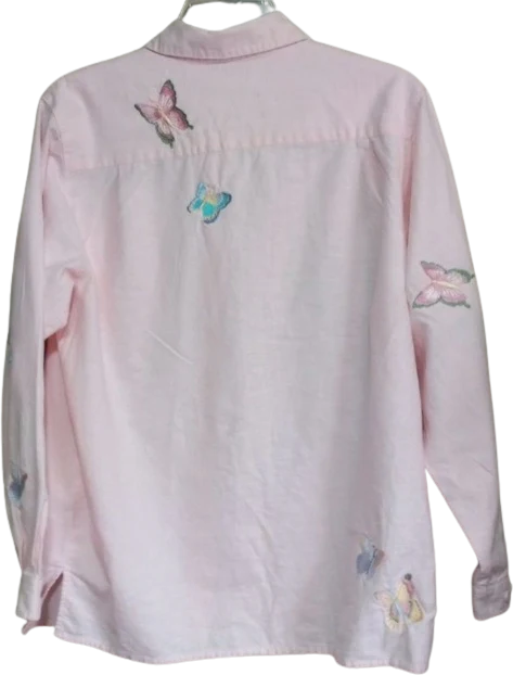 80s Pink Linen Cotton Butterflies Button Up Top By The Quacker Factory - Image 2