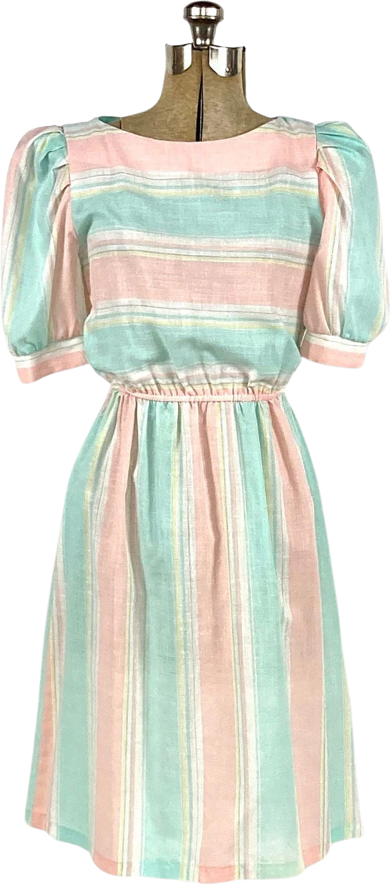80s Pink Pastel Striped Cotton Dress Puff Sleeve Dress Sheer Party Vintage Sundress Sun Dress by Tjuniors