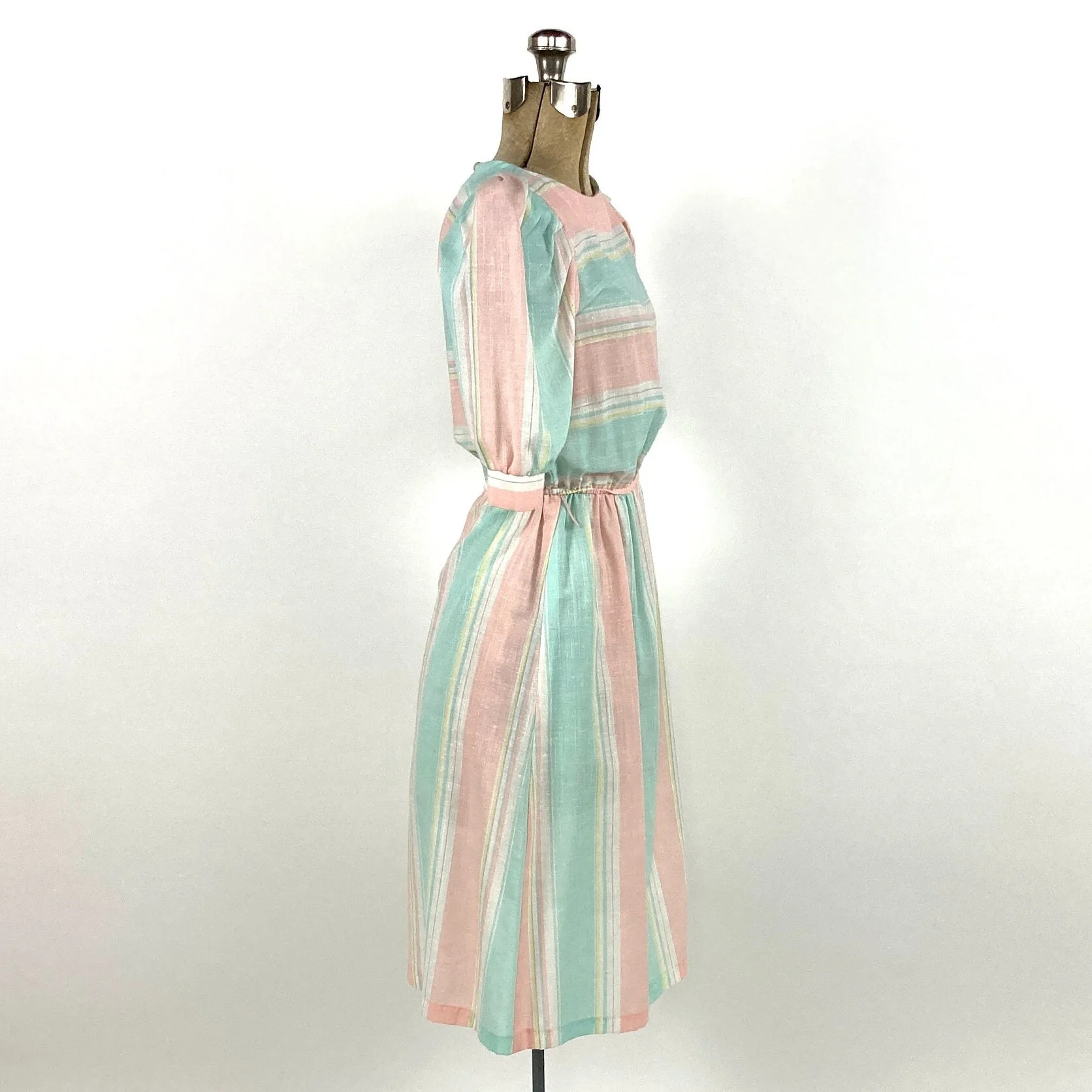 80s Pink Pastel Striped Cotton Dress Puff Sleeve Dress Sheer Party Vintage Sundress Sun Dress by Tjuniors - Image 2