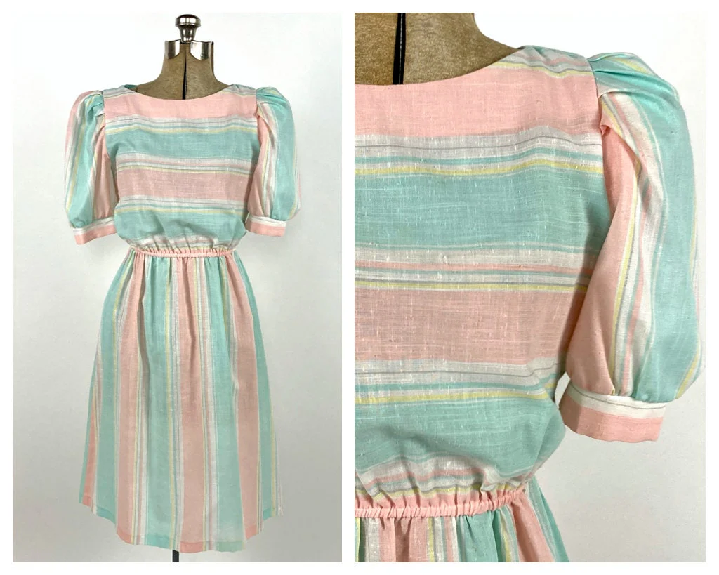 80s Pink Pastel Striped Cotton Dress Puff Sleeve Dress Sheer Party Vintage Sundress Sun Dress by Tjuniors - Image 3