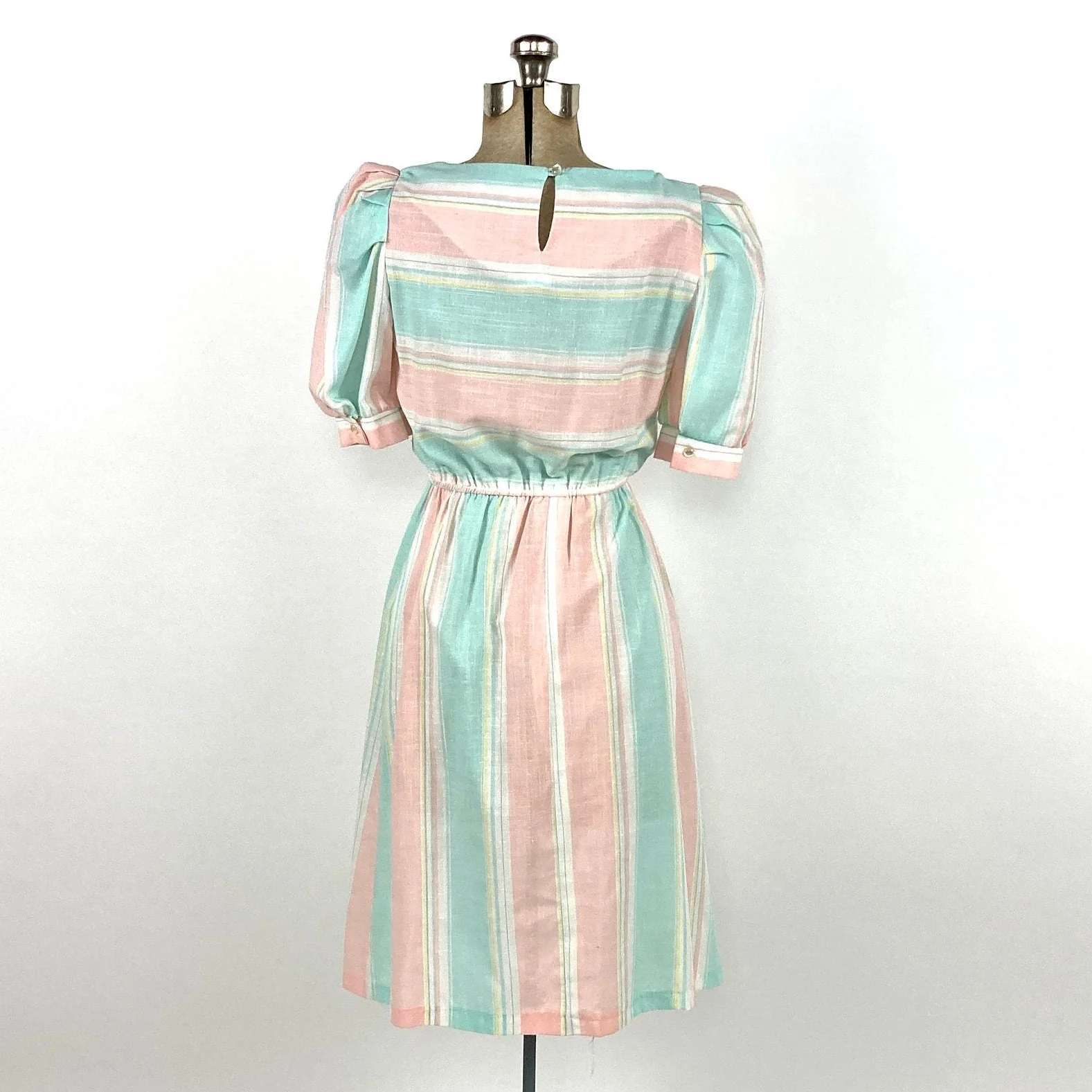 80s Pink Pastel Striped Cotton Dress Puff Sleeve Dress Sheer Party Vintage Sundress Sun Dress by Tjuniors - Image 4