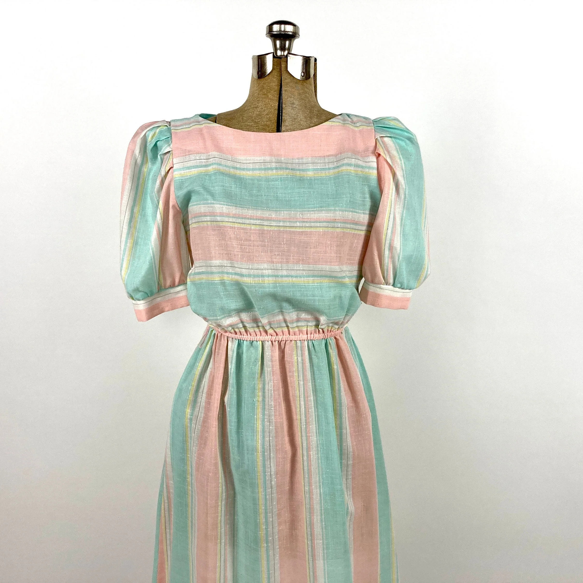80s Pink Pastel Striped Cotton Dress Puff Sleeve Dress Sheer Party Vintage Sundress Sun Dress by Tjuniors - Image 5
