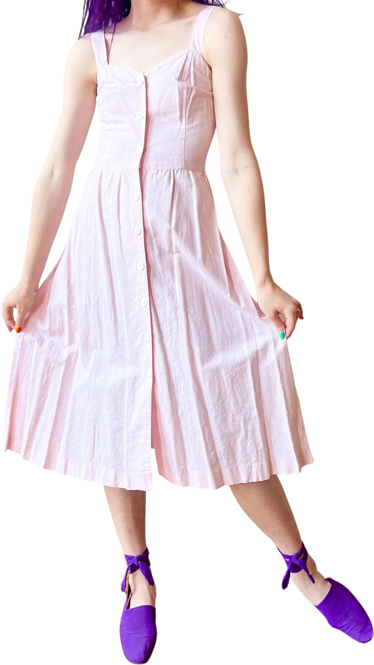 80s Pink Pinstripe Fitted Button Down Midi Cotton Sun Dress