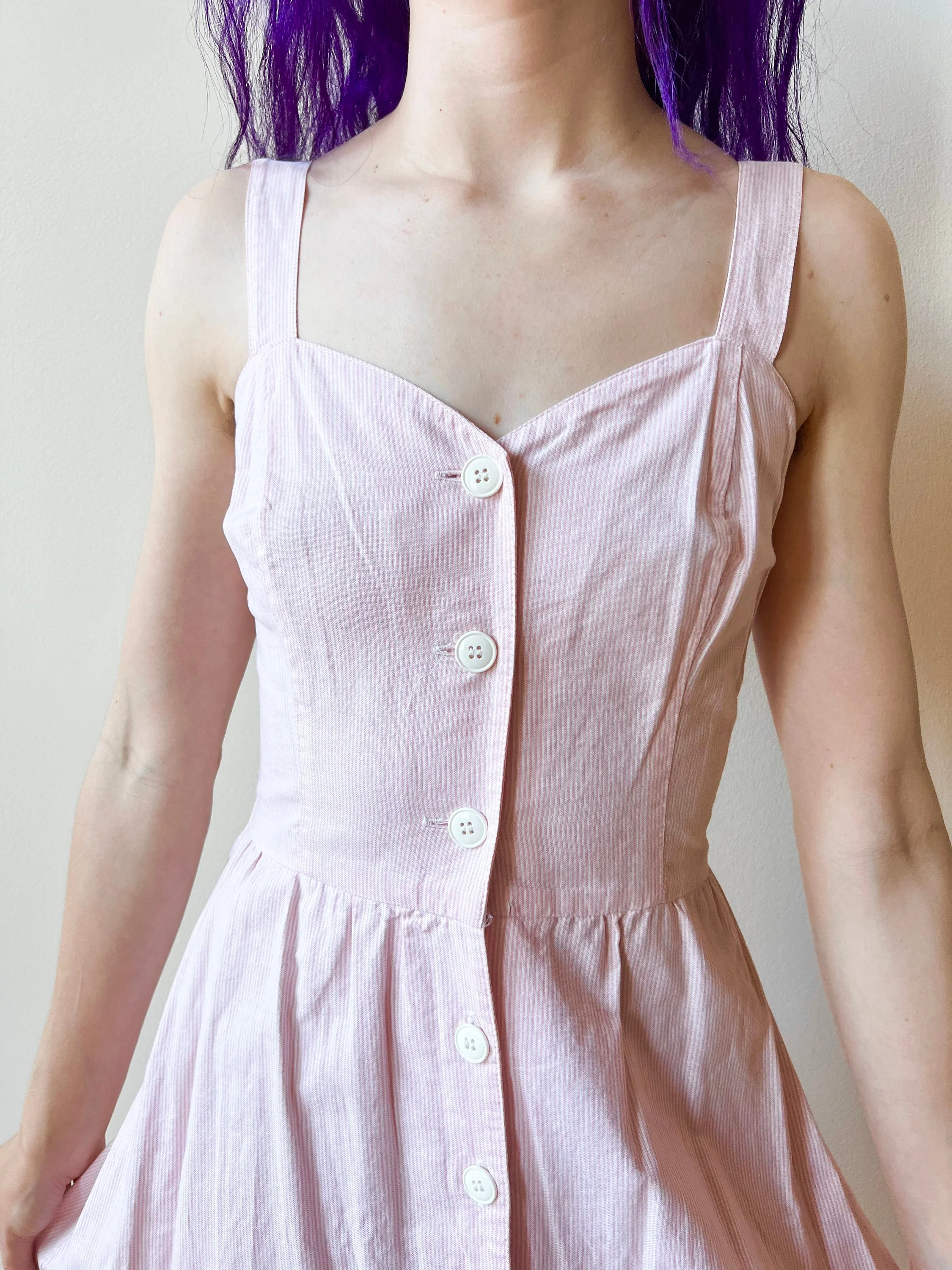 80s Pink Pinstripe Fitted Button Down Midi Cotton Sun Dress - Image 4
