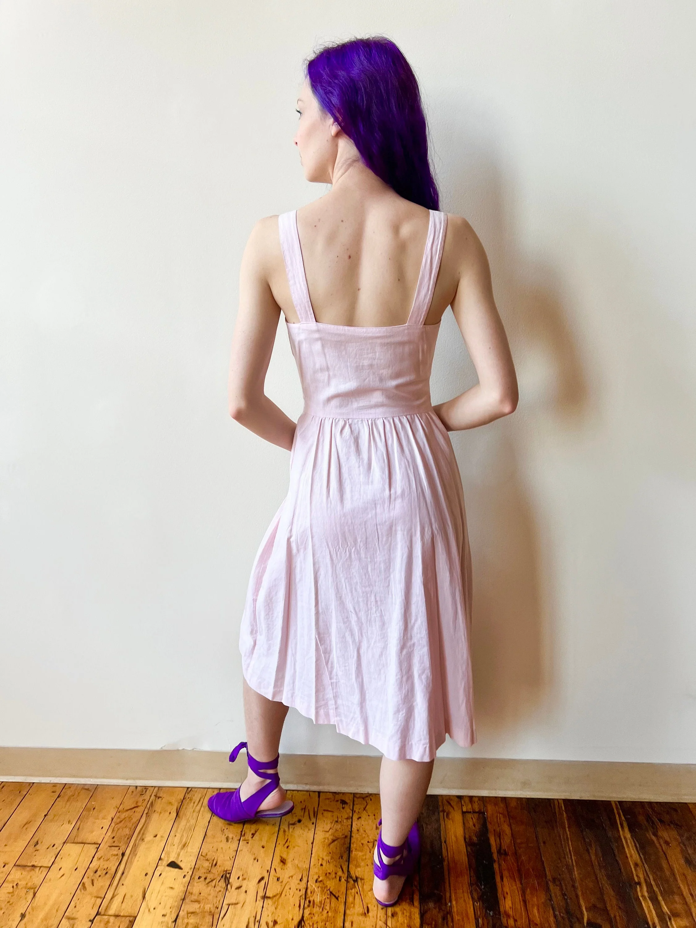 80s Pink Pinstripe Fitted Button Down Midi Cotton Sun Dress - Image 5