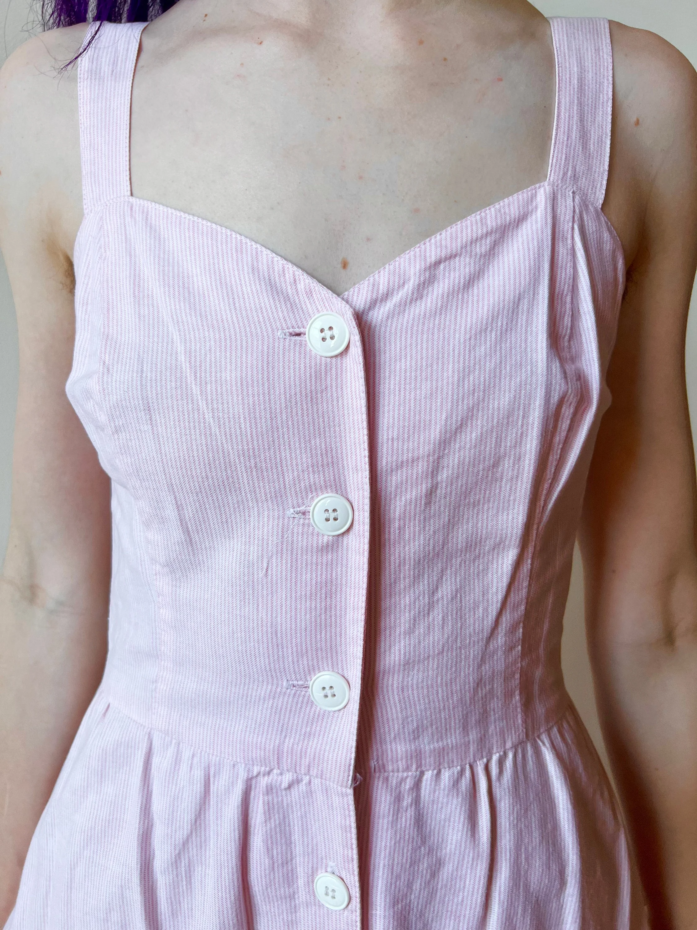 80s Pink Pinstripe Fitted Button Down Midi Cotton Sun Dress - Image 7