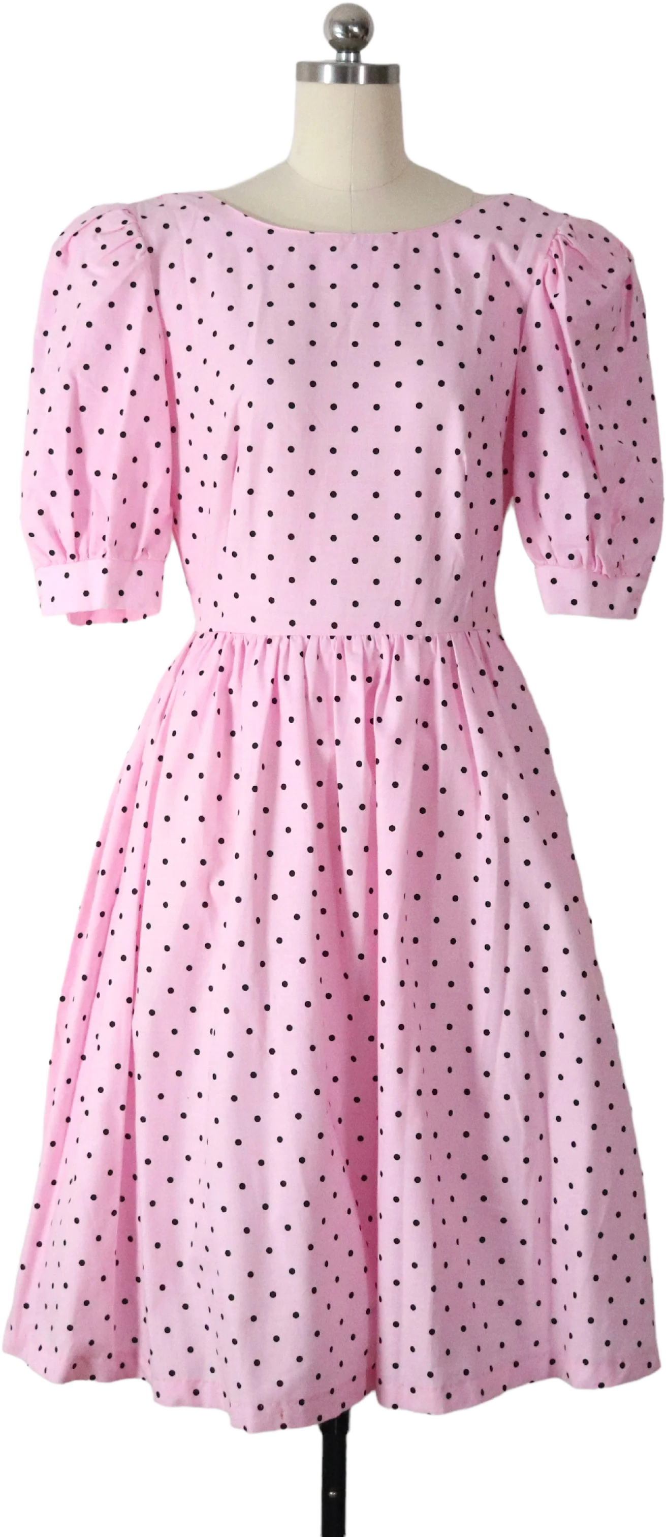80s Pink Polka Dot Full Skirt Puff Sleeve Party Dress By Joni Blair of California