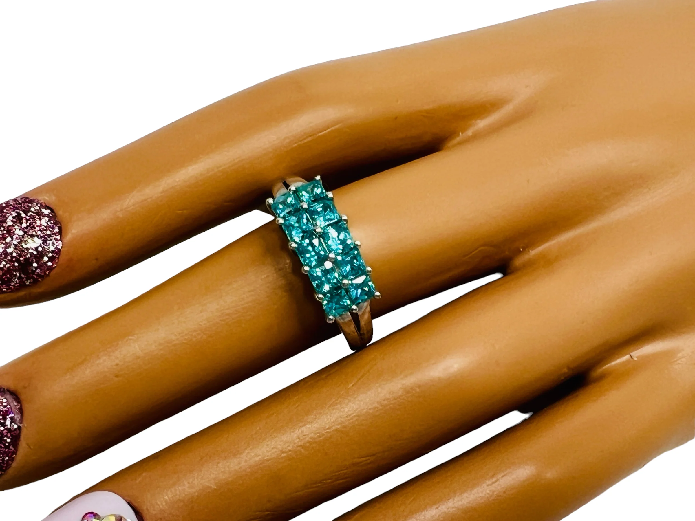 80s Platinum Over Sterling Band Ring Blue Cz Gems Sz 9 By J Francis - Image 5