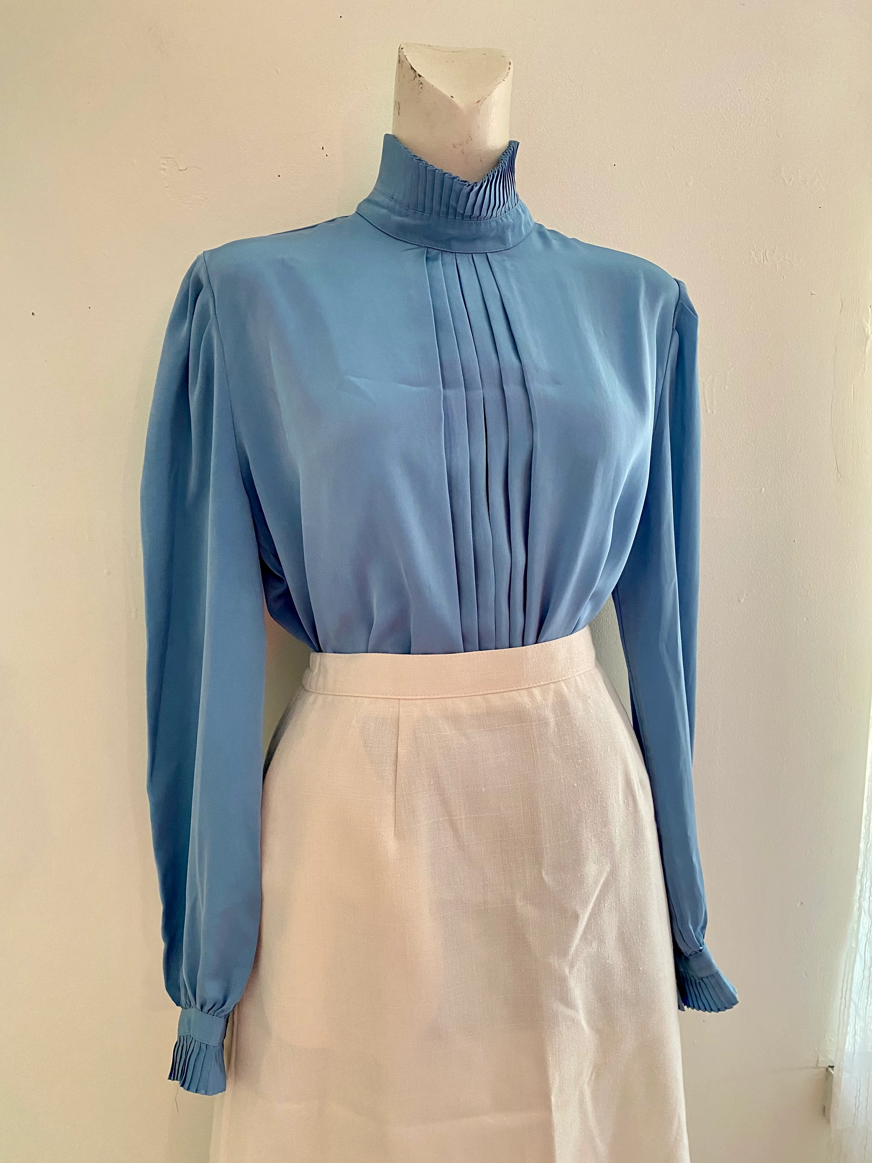 80s Pleated Mock Neck Puff Sleeve Shimmer Blouse By Jean Depierre - Image 3
