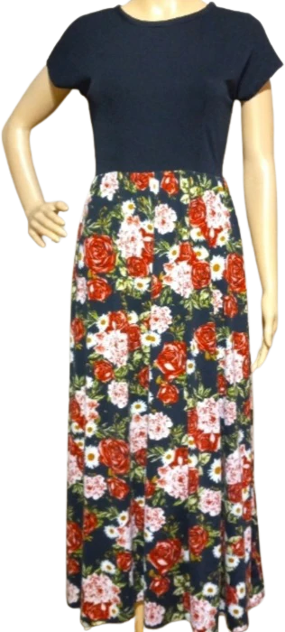80s Polyester Floral Skirt With Attached Black Top By Handcrafted