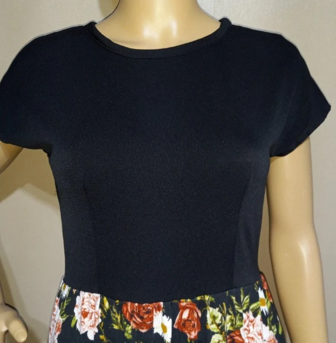 80s Polyester Floral Skirt With Attached Black Top By Handcrafted - Image 3
