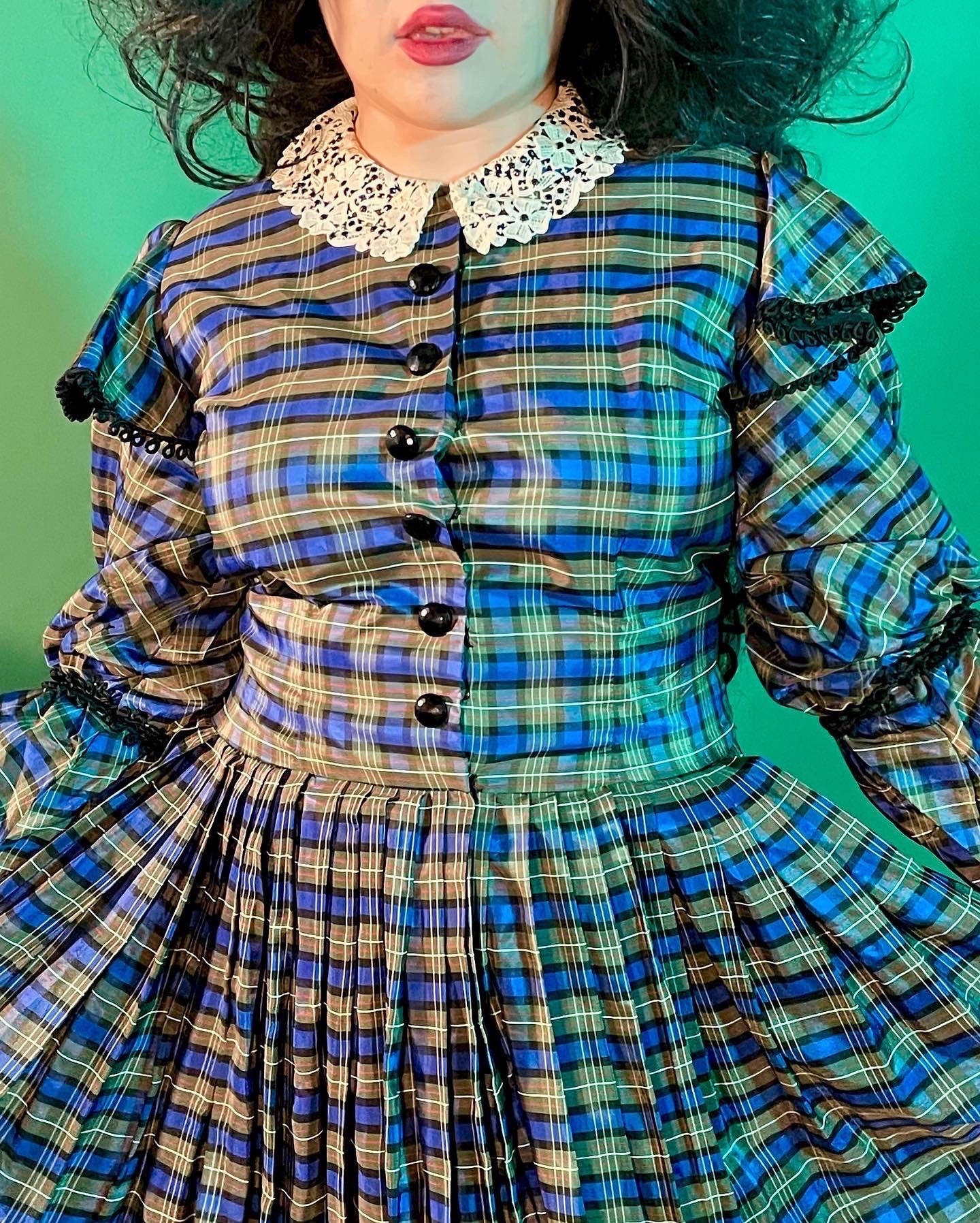 80s Prairie Gothic Blue And Green Plaid Victorian Gown - Image 4