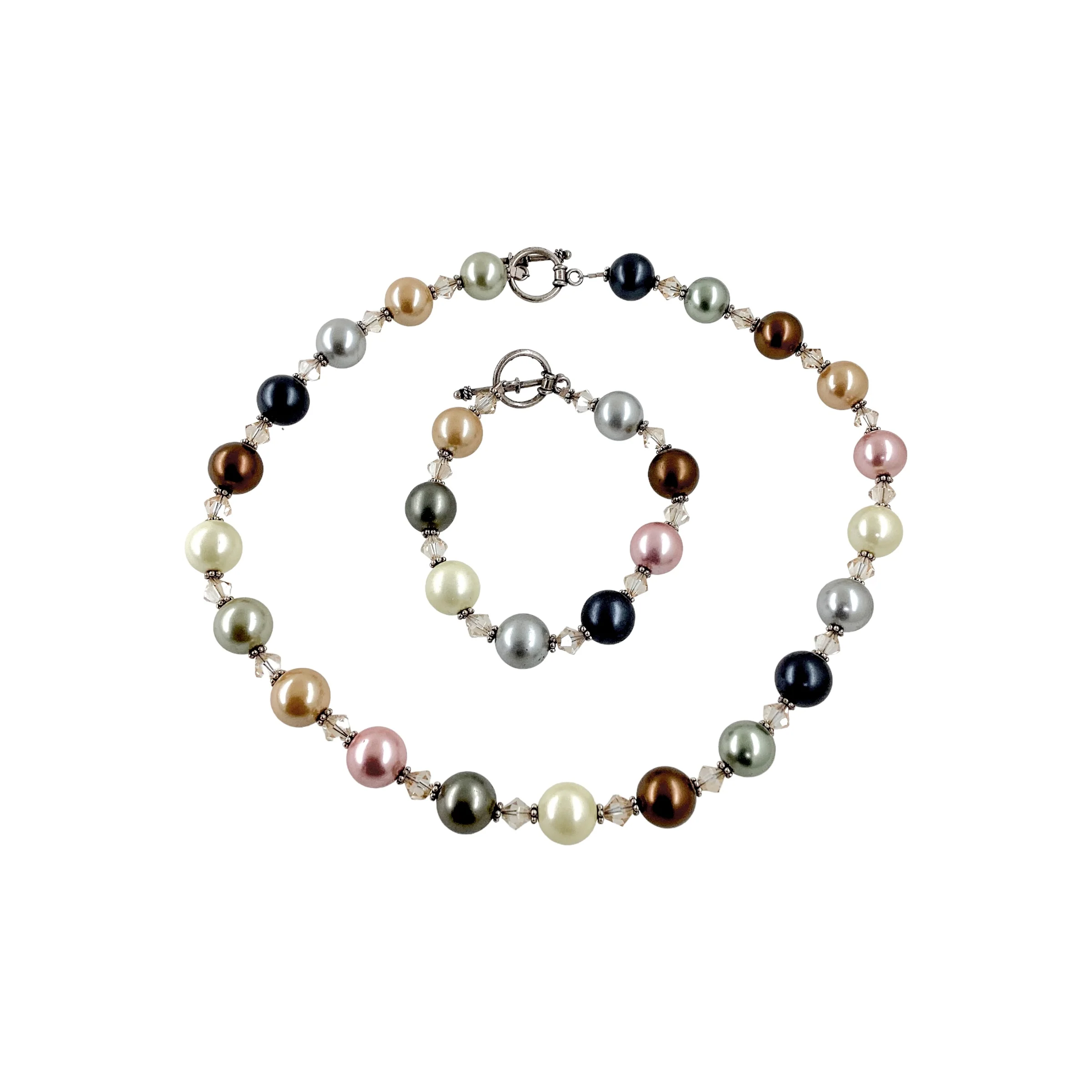 80s Preppy Colorful Glass Pearls Bracelet Necklace Set