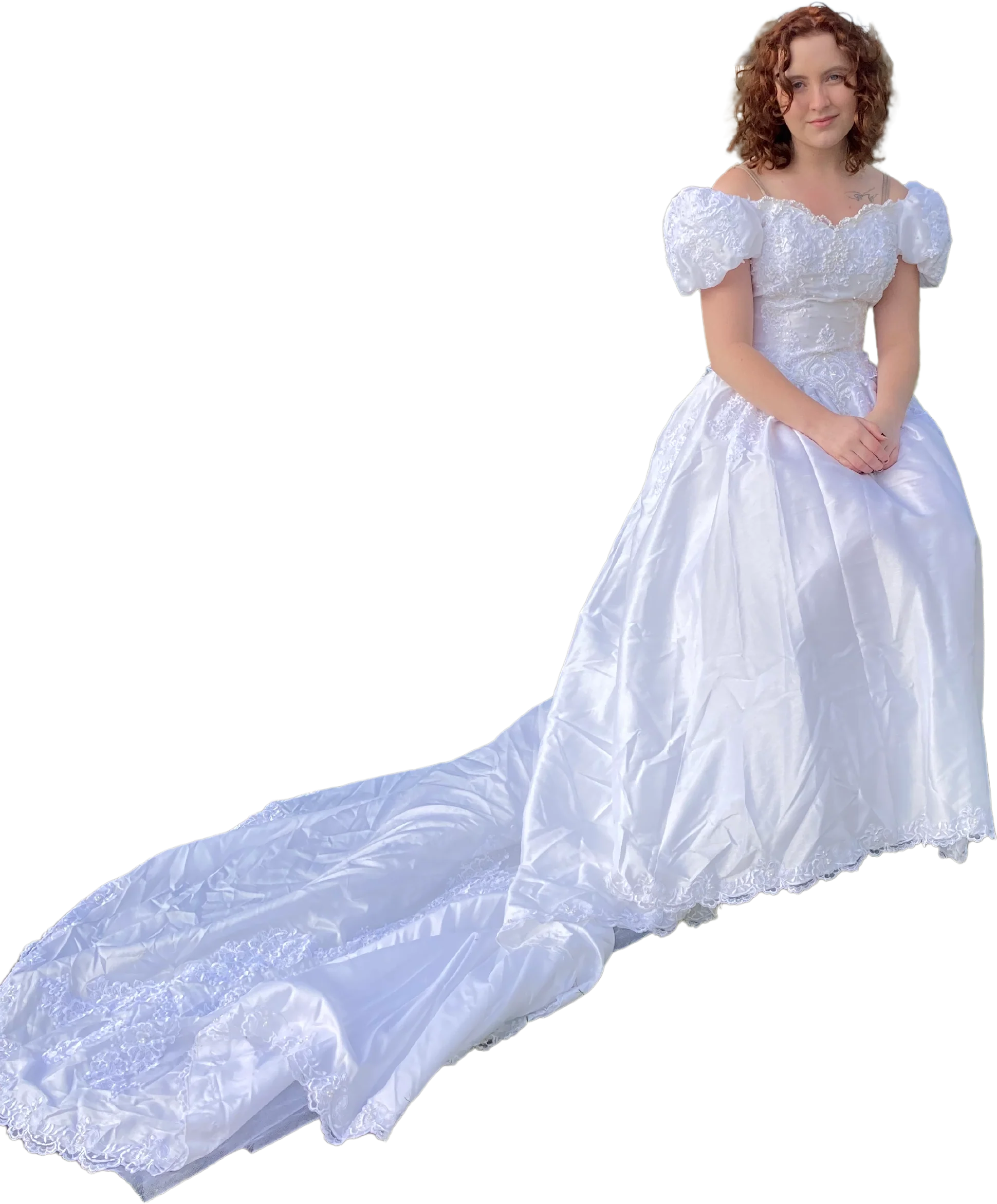 80s Puff Sleeve Ball Gown Beaded Wedding Dress
