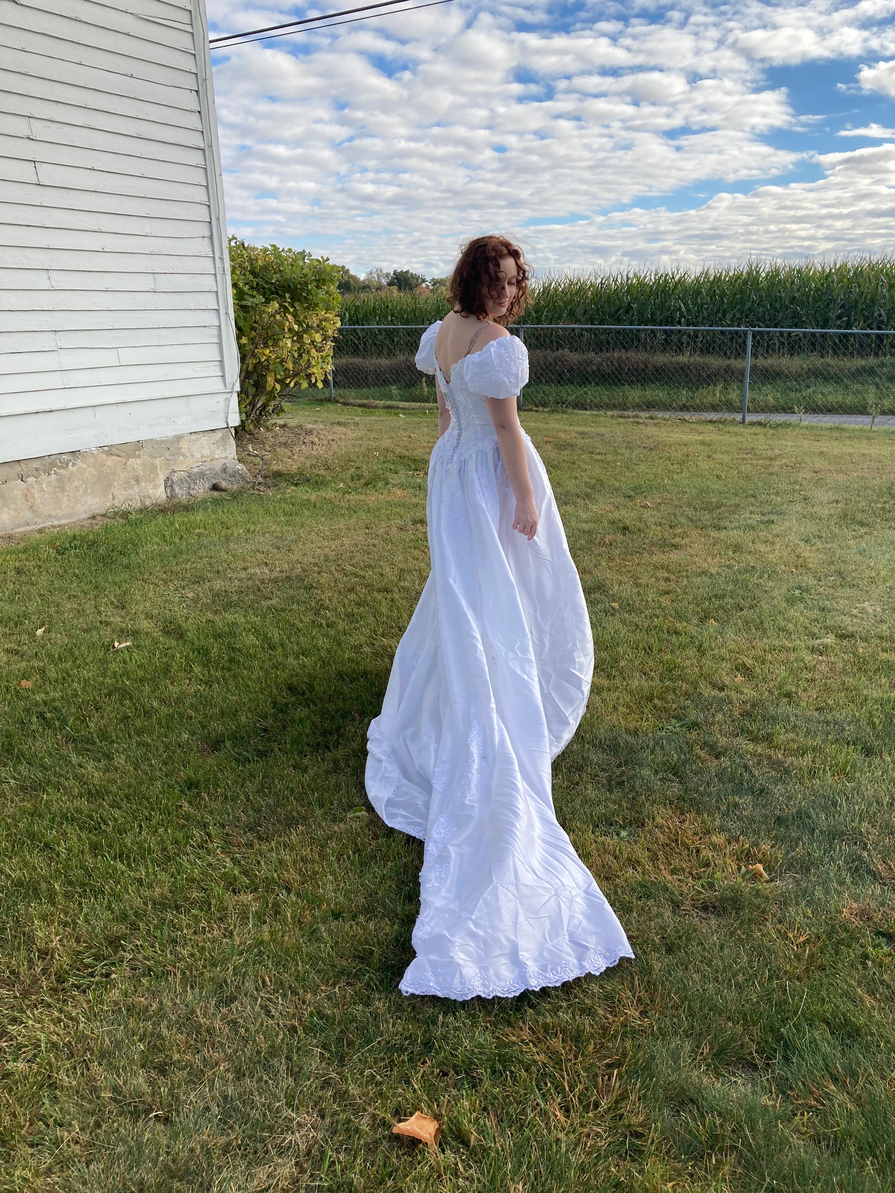 80s Puff Sleeve Ball Gown Beaded Wedding Dress - Image 5