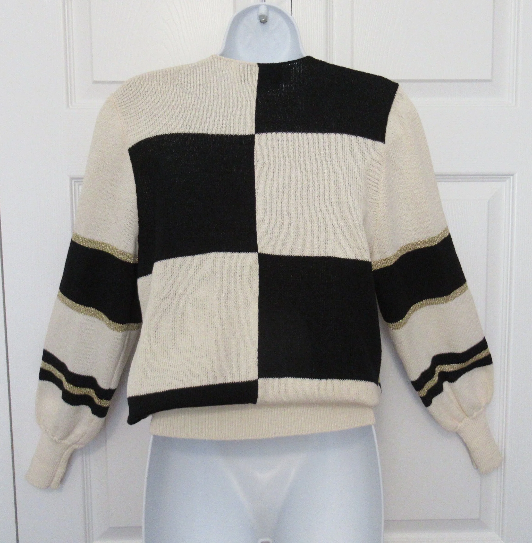 80s Pullover Sweater Eric Steven Glam Long Sleeves White Black and Gold Blocks W Gold Dots In V-Shape Very Warm and Wearable by Eric Steven - Image 10